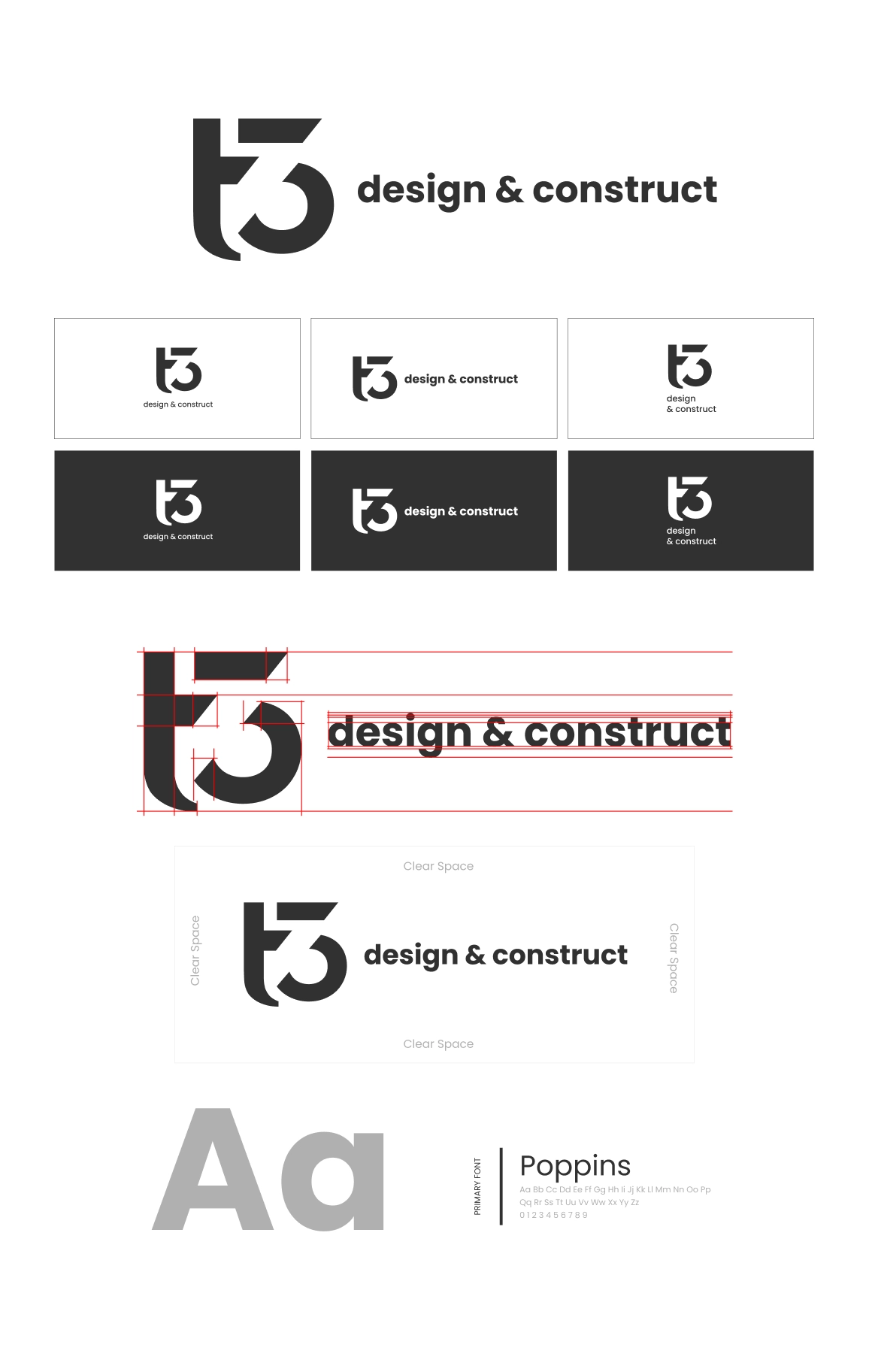 T3 design & construct logo lockups, clear space rules, and Poppins typography specimen