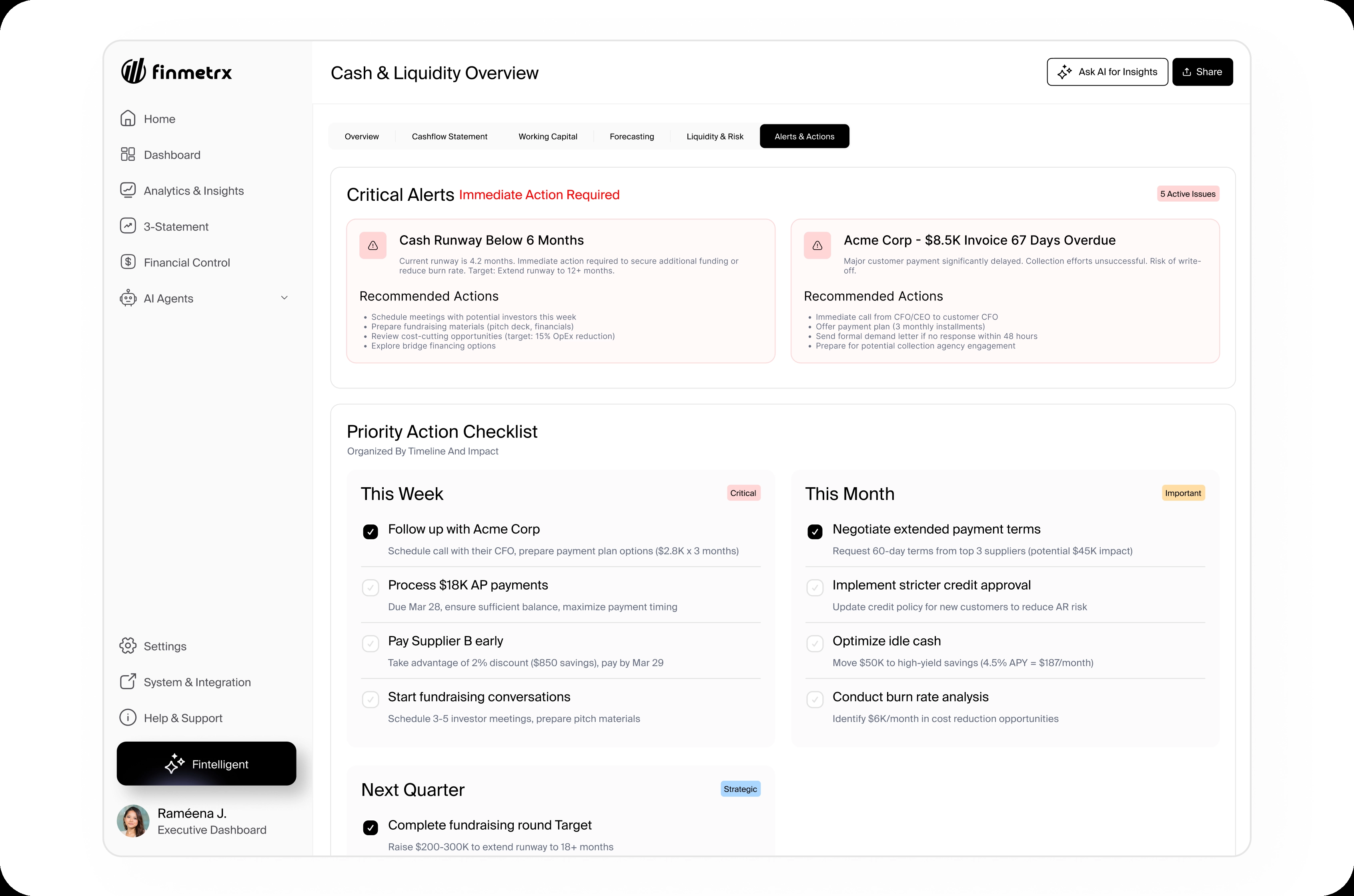 A cashflow alert broken into signal, severity, financial impact and recommended action