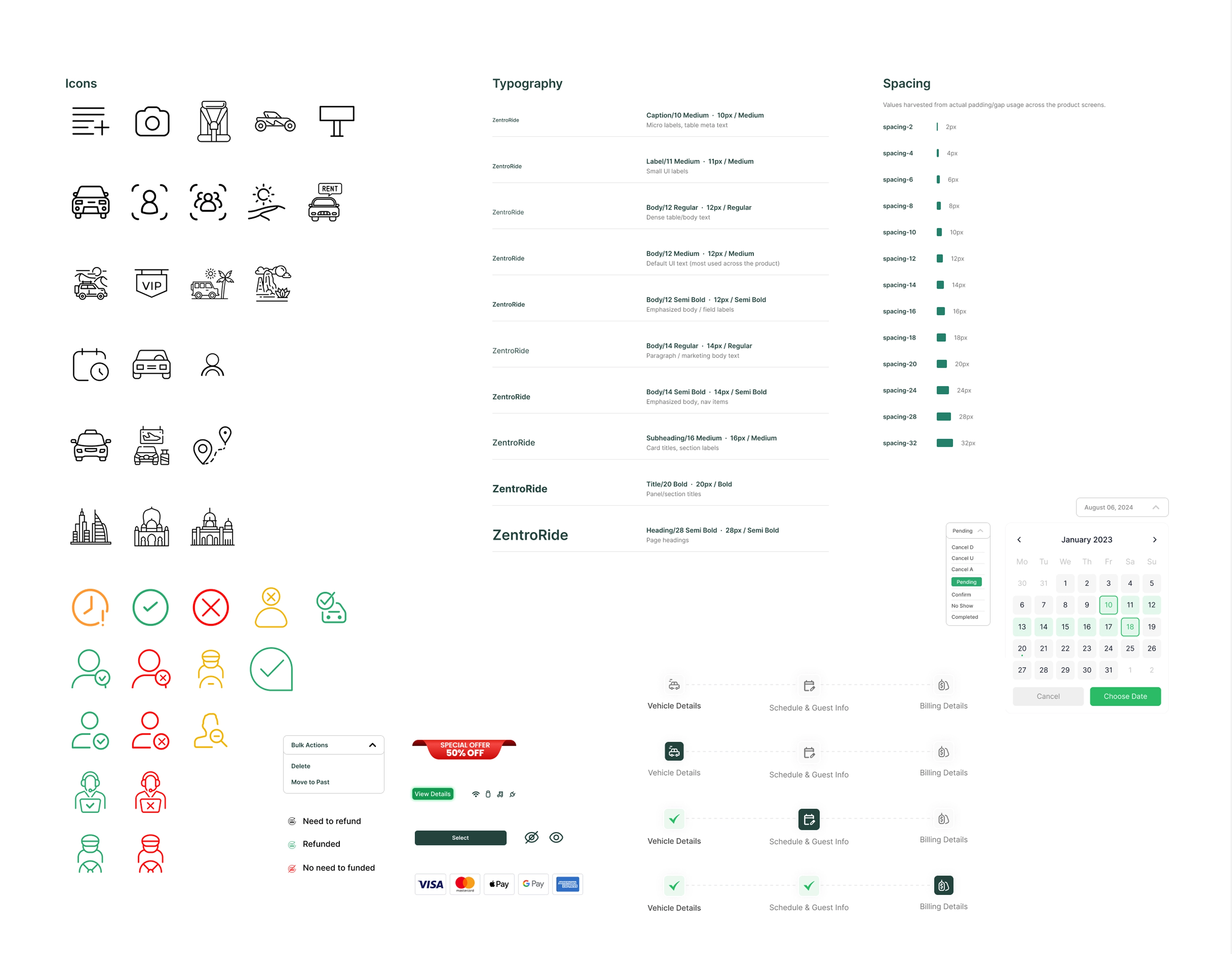 ZentroRide design system reference: icons, typography, spacing scale, and shared UI components