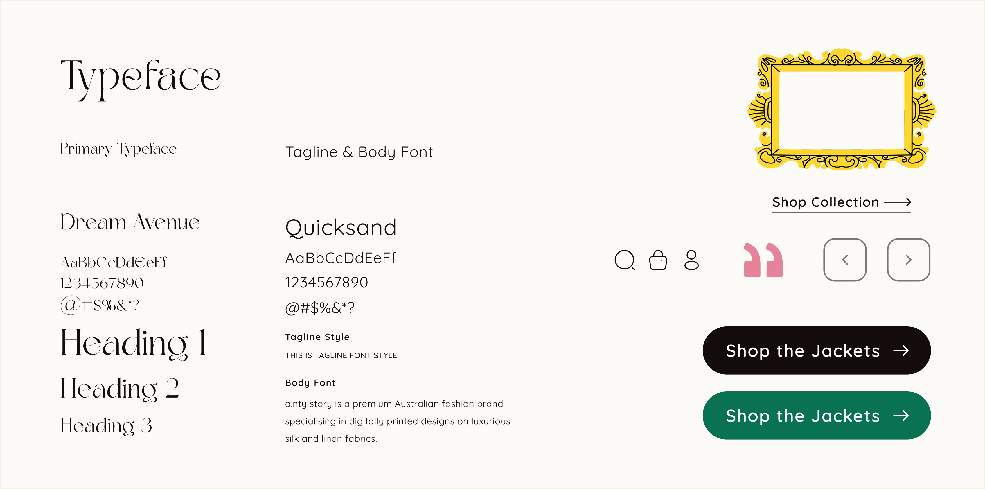AntyStory typography, heading styles, and button design system