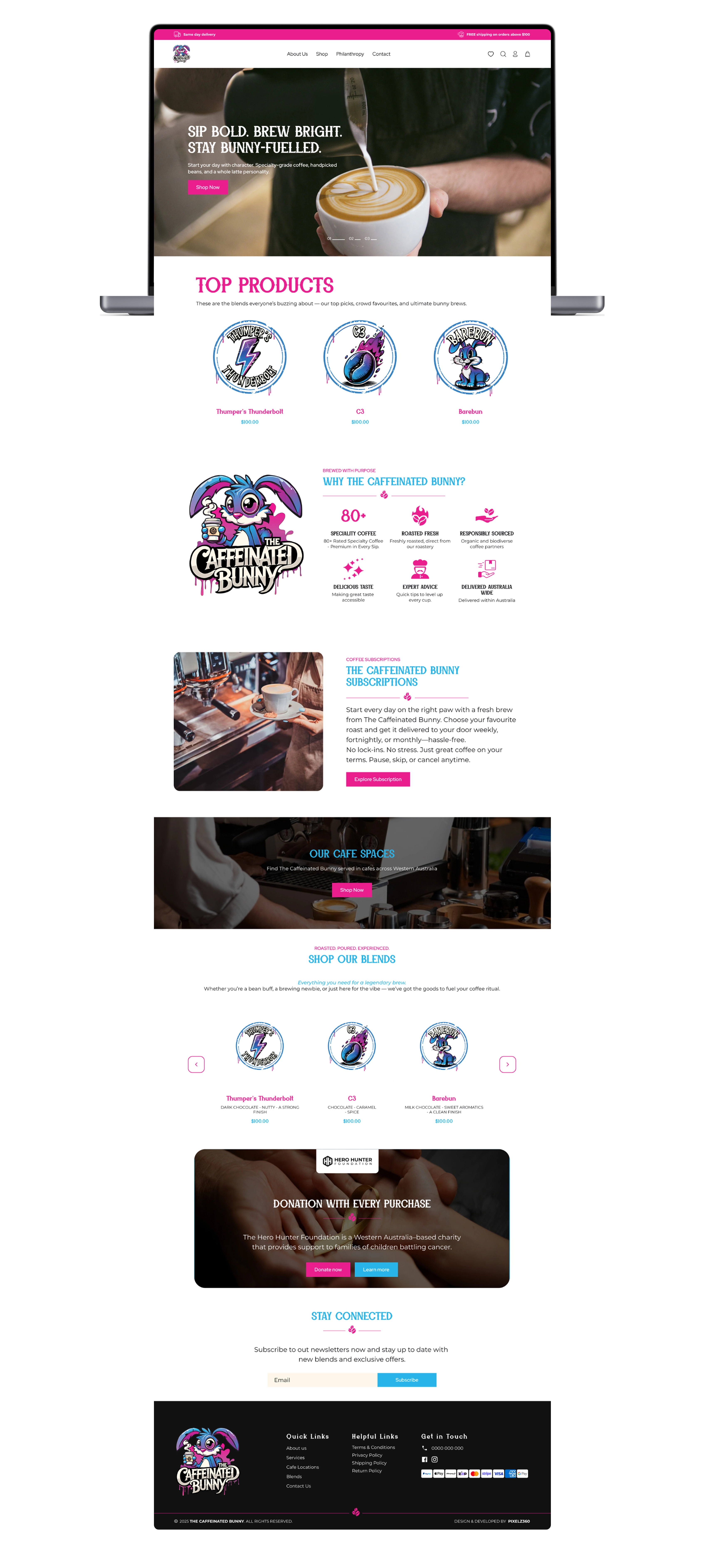 Caffeinated Bunny homepage, shop, and top products page screens