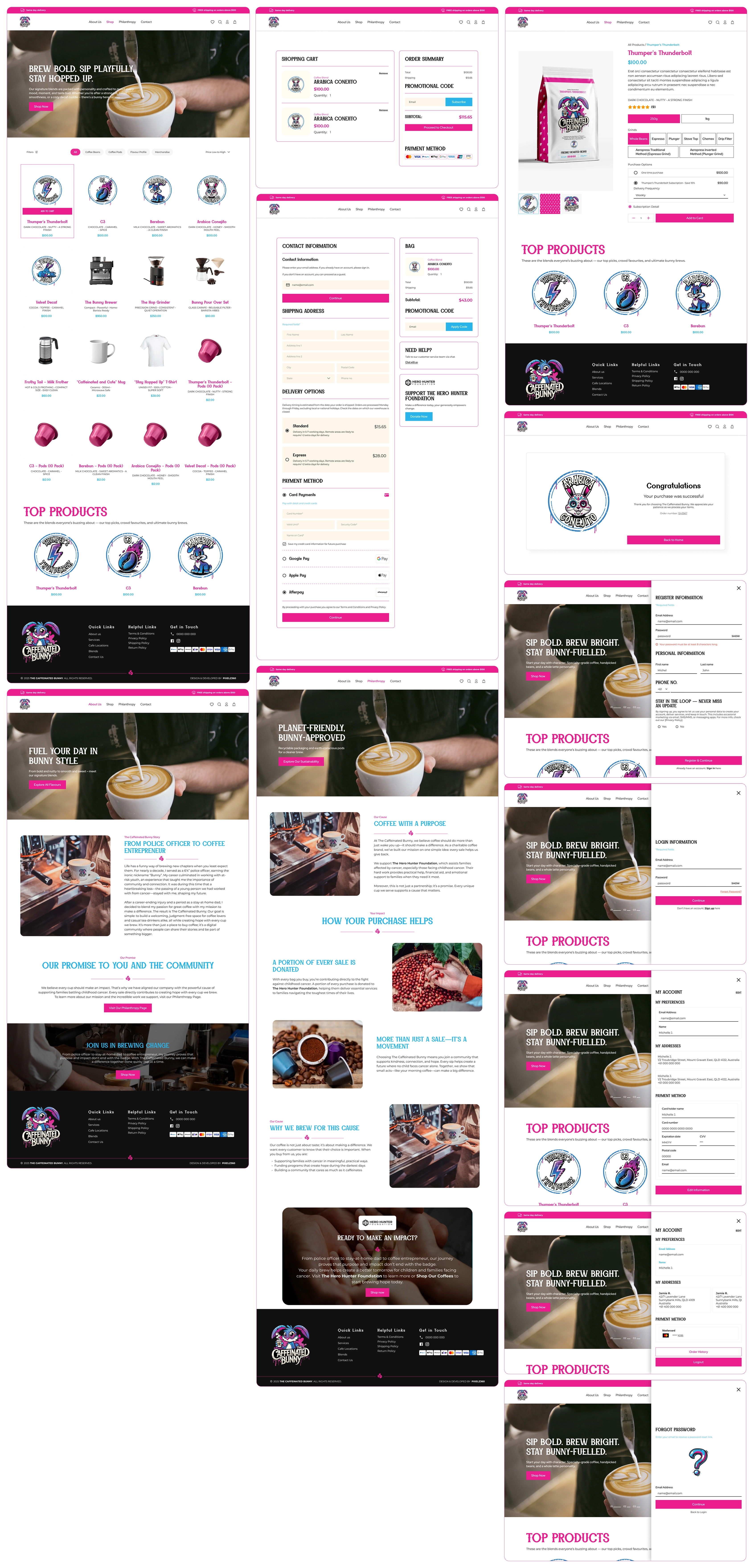 Caffeinated Bunny cart, checkout, product detail, login, and account page screens