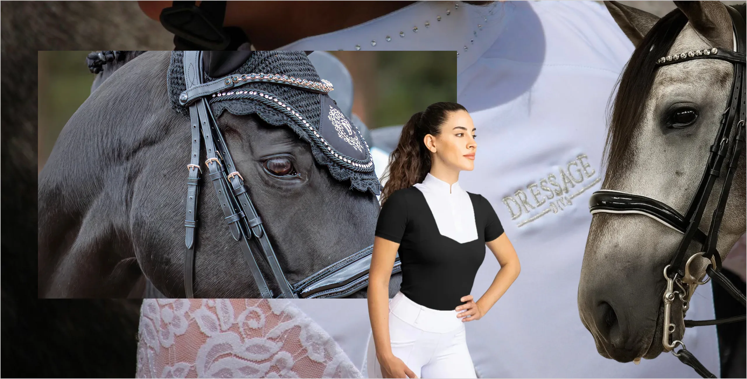 Collage of a dressage horse's bridle detail, a rider in competition attire, and a grey horse's crystal browband