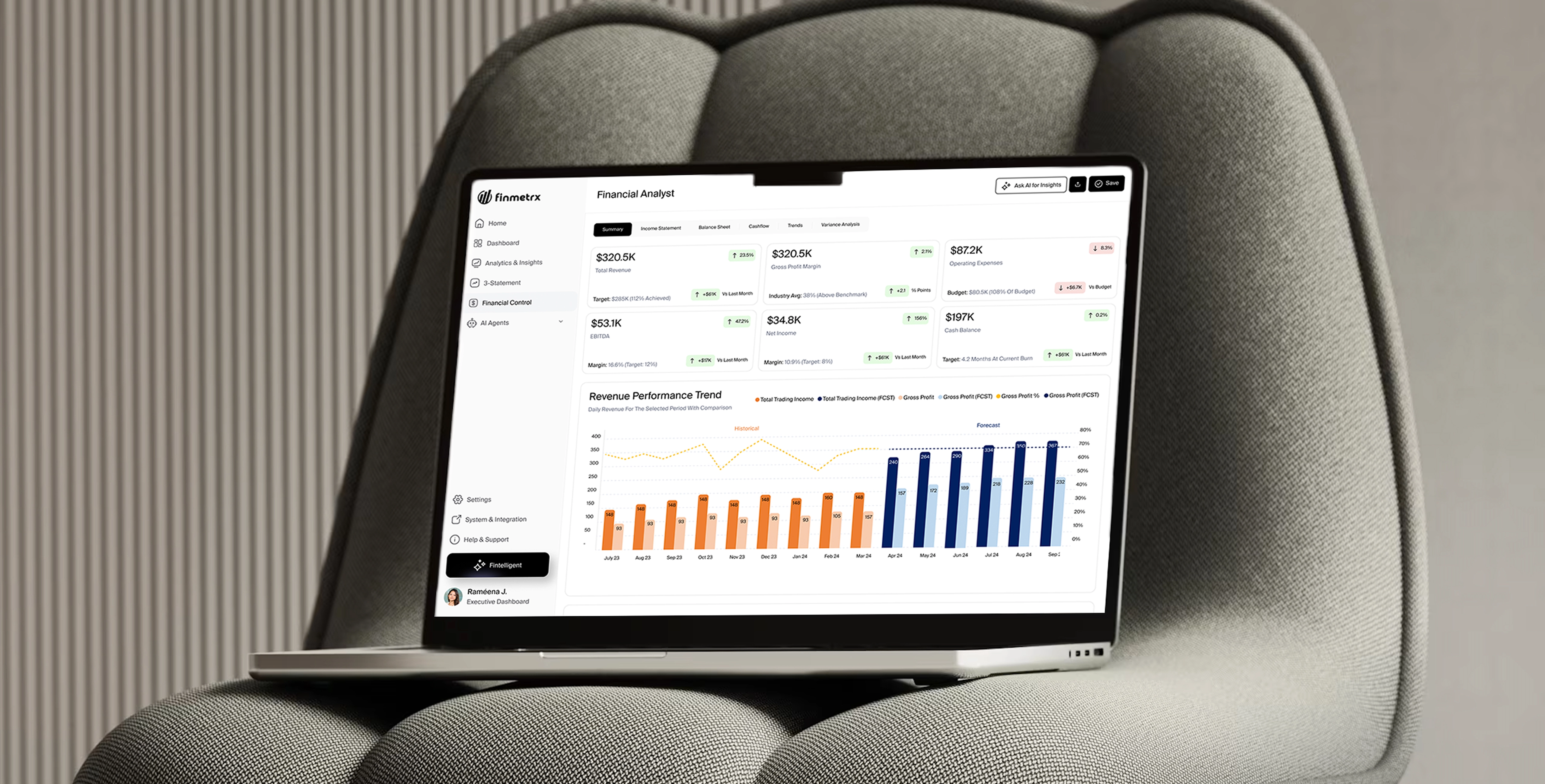 Finmetrx financial dashboard on a laptop resting on a couch