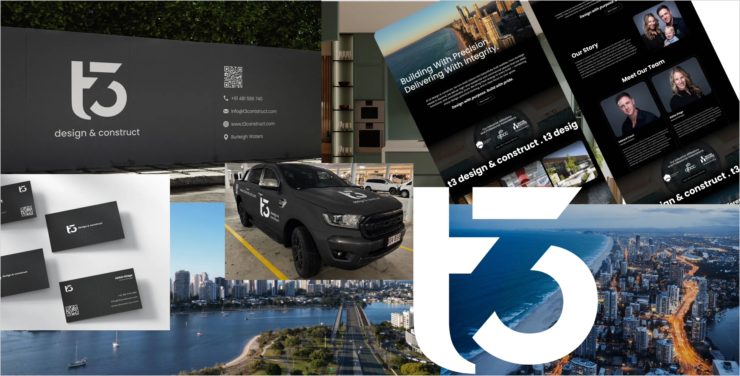 Collage of T3 Design & Construct branding — signage, business cards, branded vehicle, website mockups, and aerial Gold Coast views