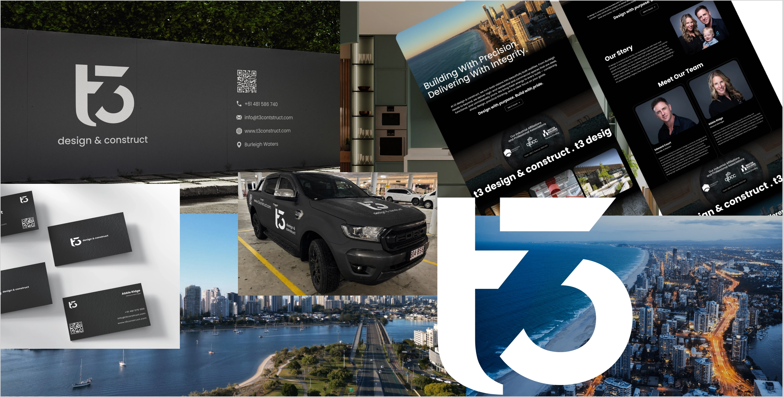Collage of T3 Design & Construct branding — signage, business cards, branded vehicle, website mockups, and aerial Gold Coast views