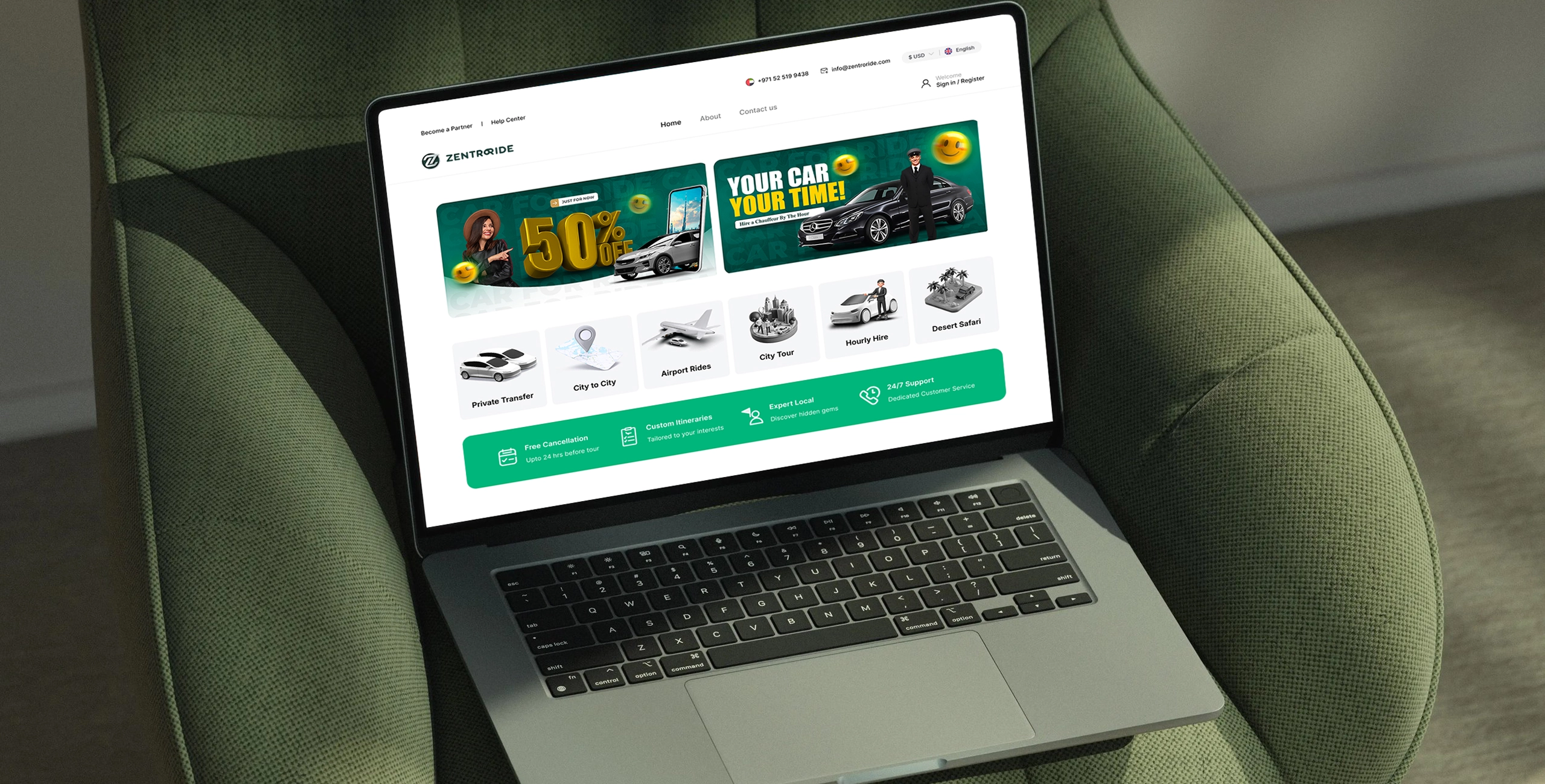 ZentroRide booking website shown on a laptop