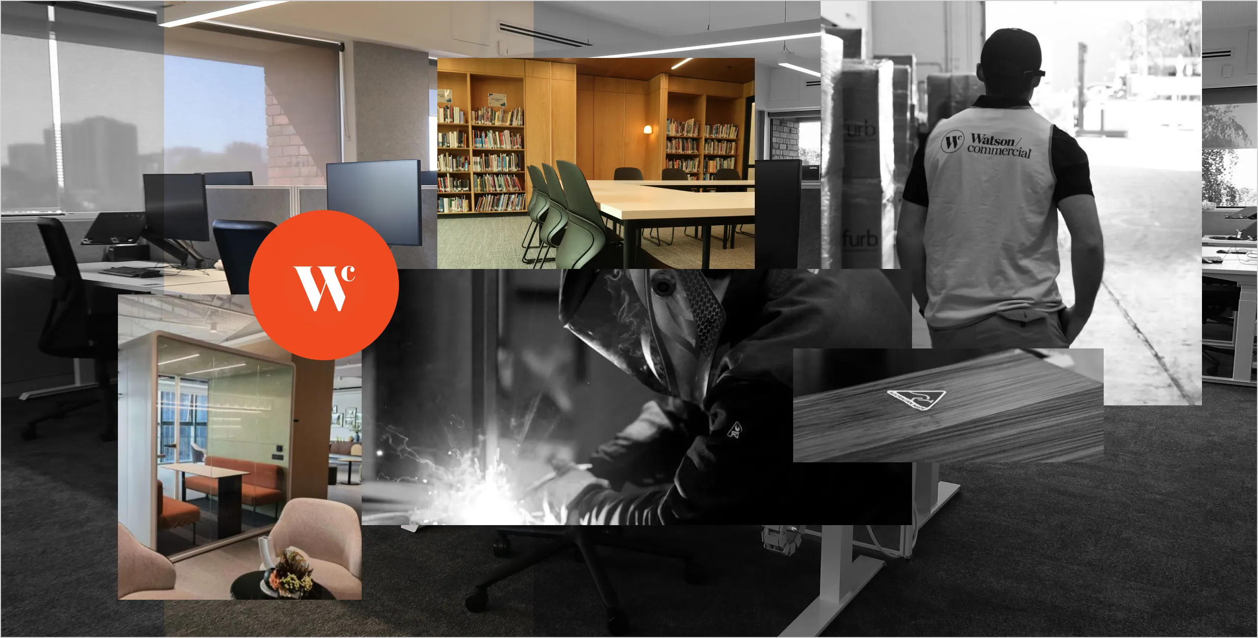 Collage of Watson Commercial workplace fitouts, library furniture, a glass-walled meeting pod, furniture fabrication, and delivery