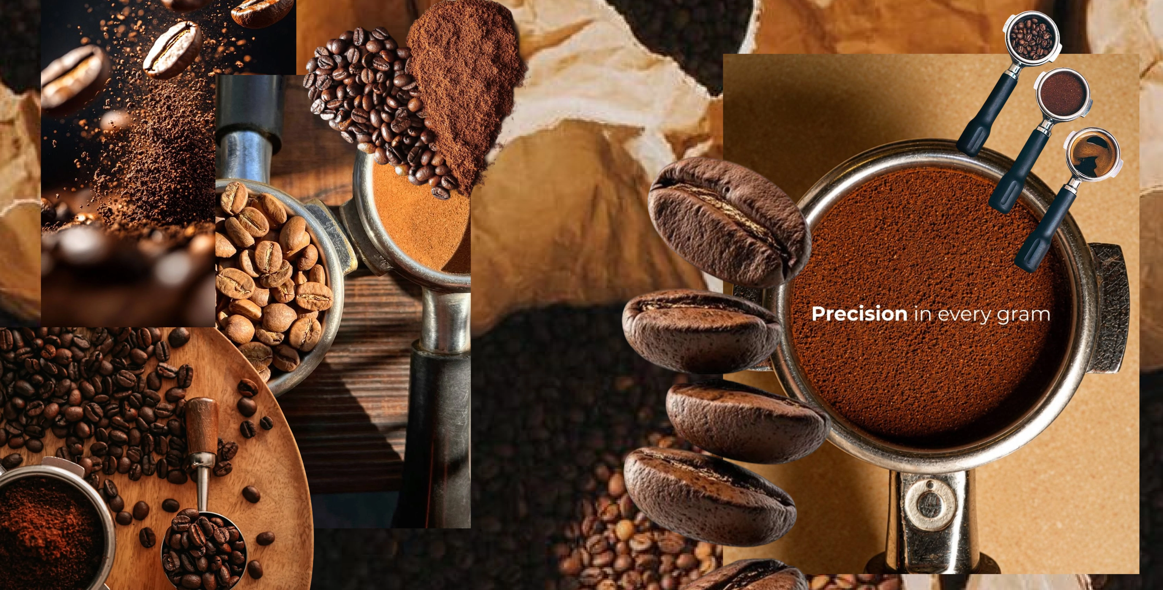 Coffee beans, grounds, and portafilters collage with 'Precision in every gram' caption