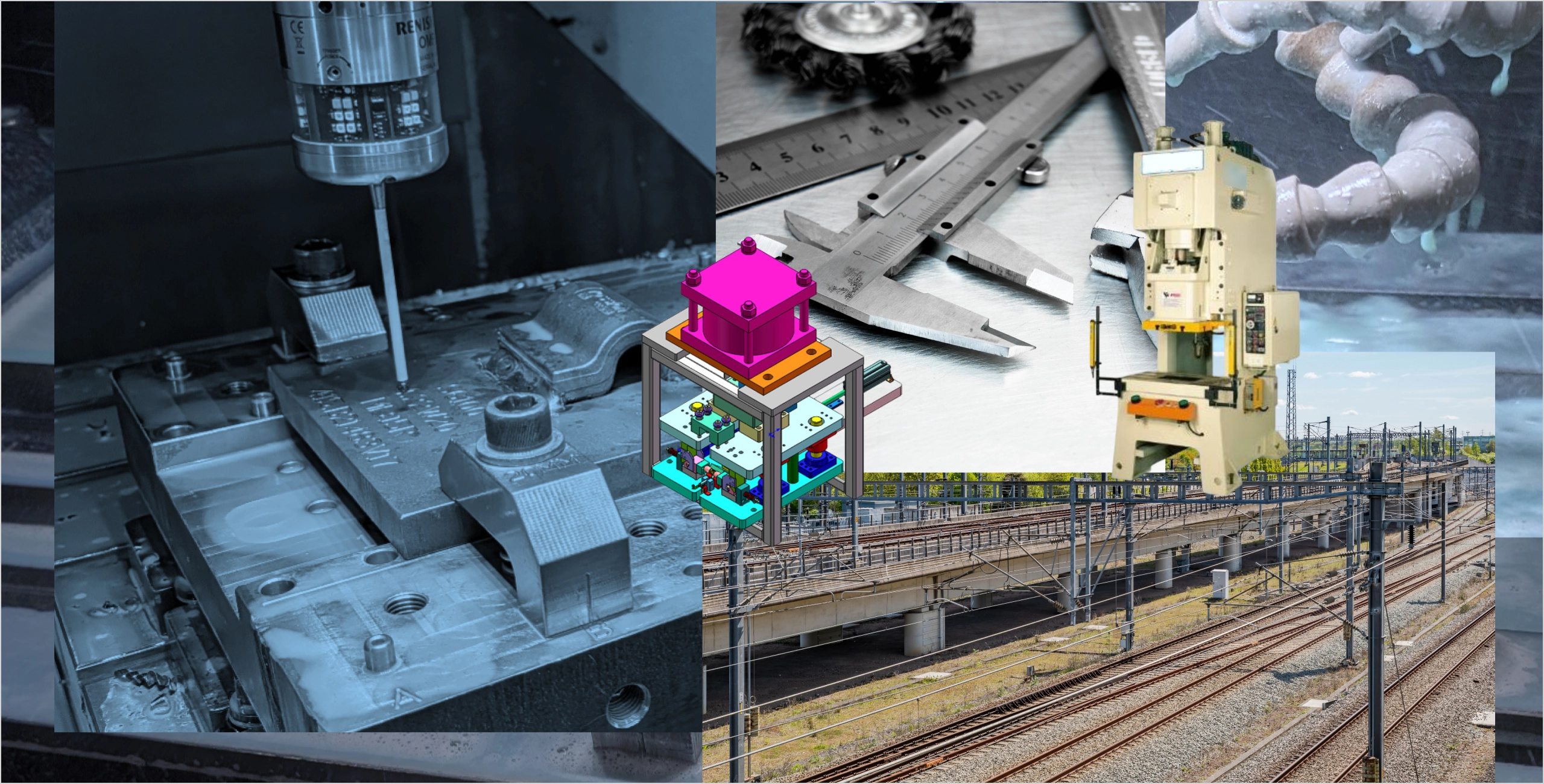 Collage of CNC machining, precision measuring tools, a press machine, and industrial rail infrastructure
