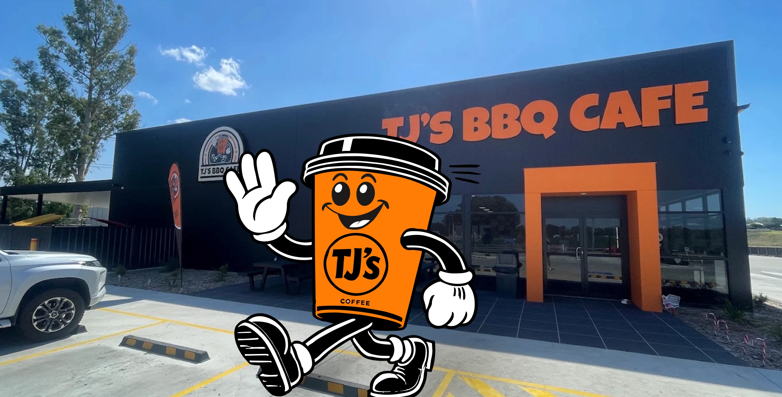 TJ's BBQ Cafe storefront exterior with parking lot and the waving coffee-cup mascot character composited in front