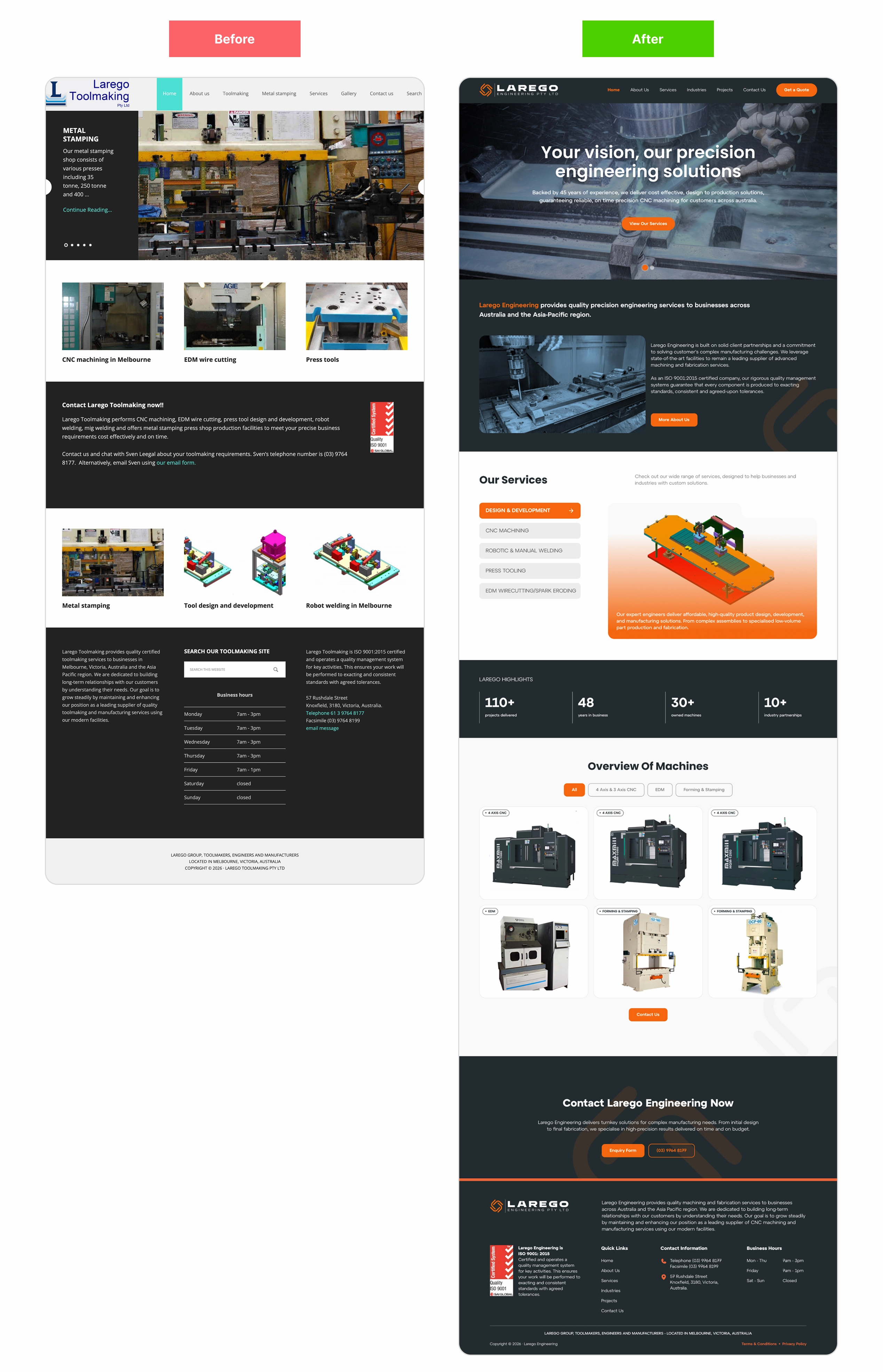 Before and after comparison of the Larego home page, from a dated slider layout to a precision engineering hero with services, highlights, and a machine overview