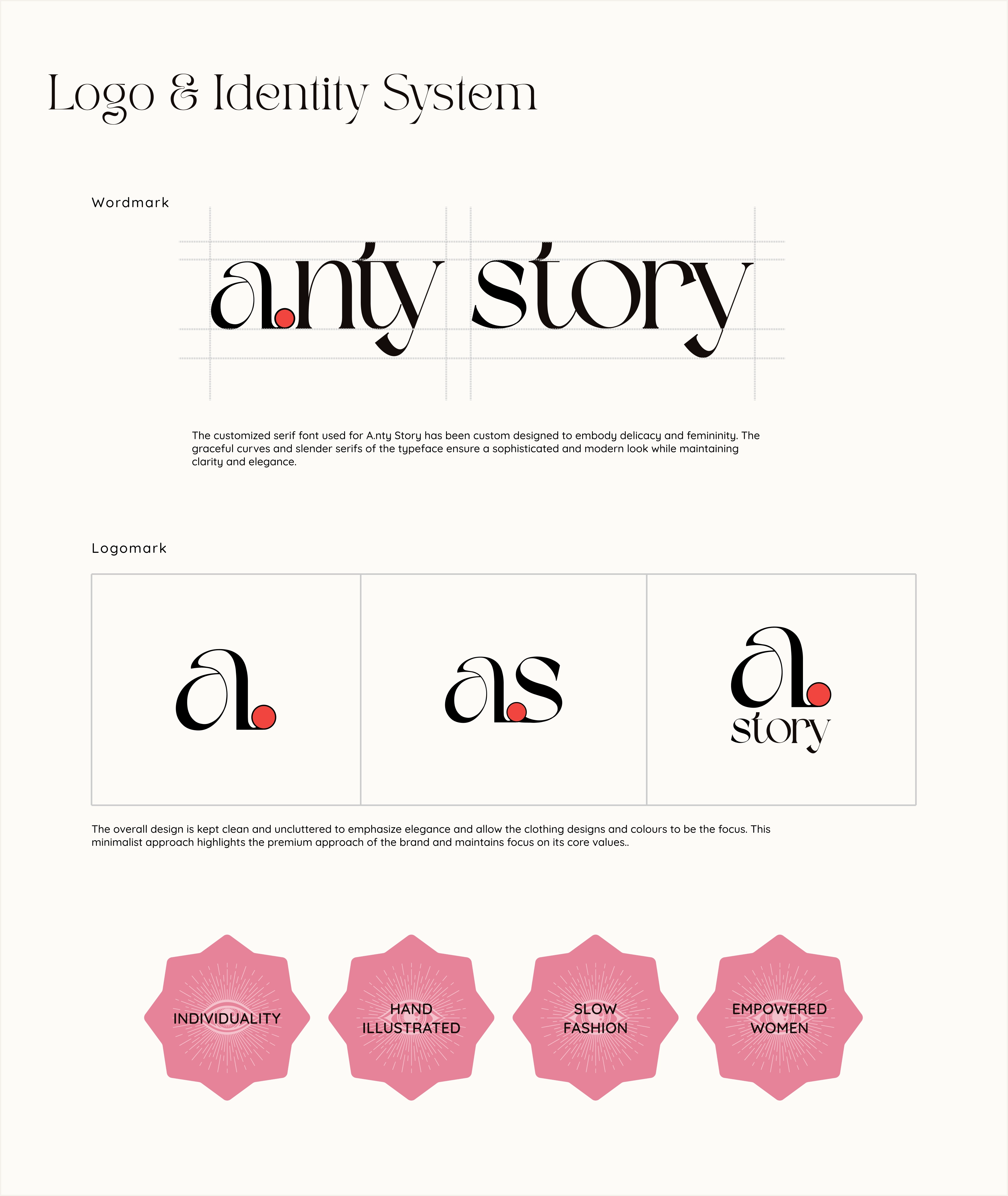 AntyStory wordmark, logomark variations, and brand pillar badges for individuality, hand-illustrated, slow fashion, and empowered women
