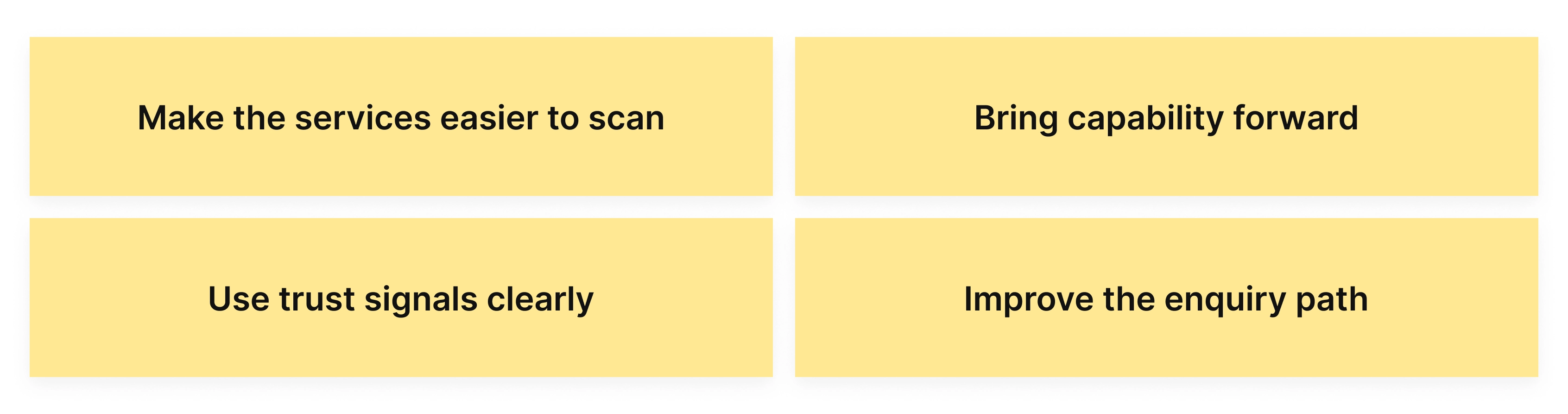 Four key decisions for the redesign: make the services easier to scan, bring capability forward, use trust signals clearly, and improve the enquiry path
