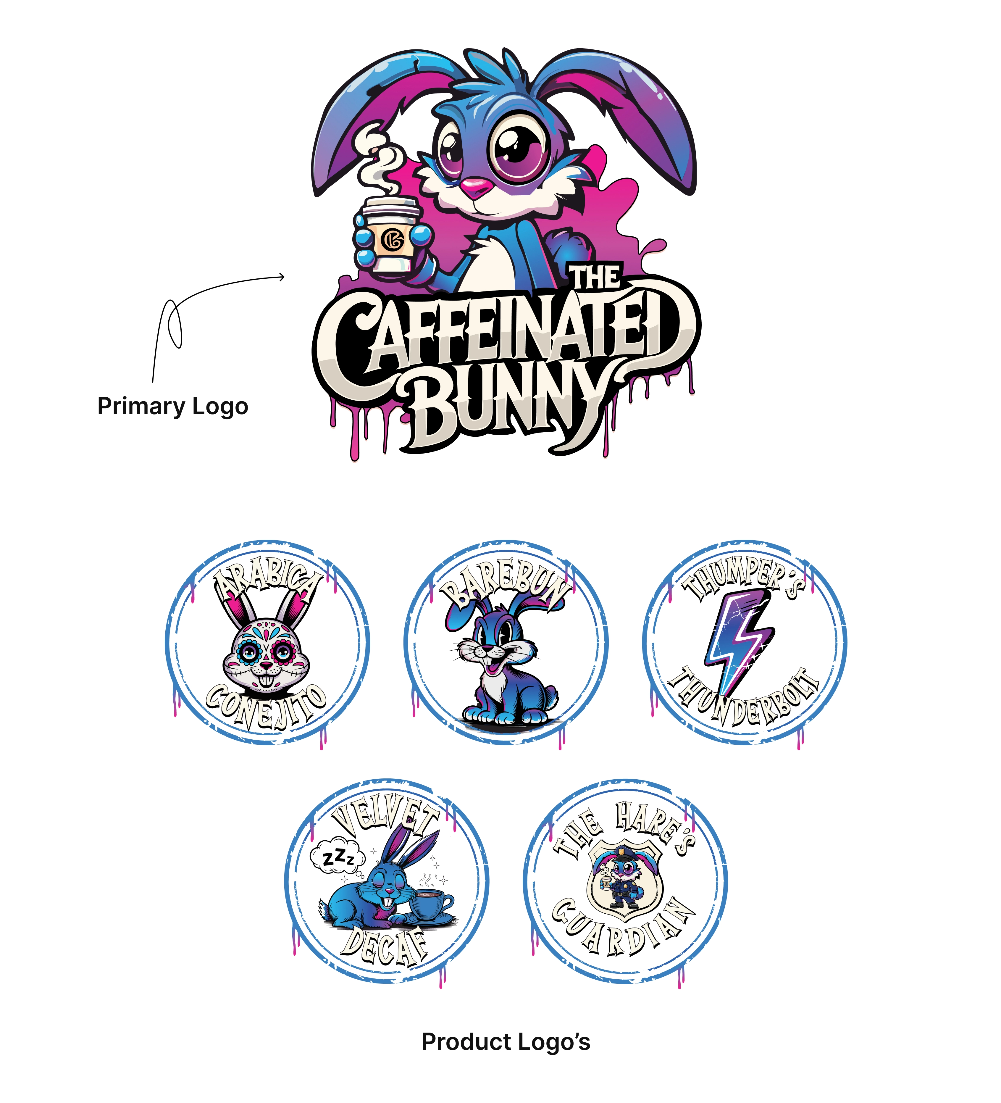 Caffeinated Bunny primary logo and five product sub-logos: Arabica Conejito, Barebun, Thumper's Thunderbolt, Velvet Decaf, and The Hare's Guardian