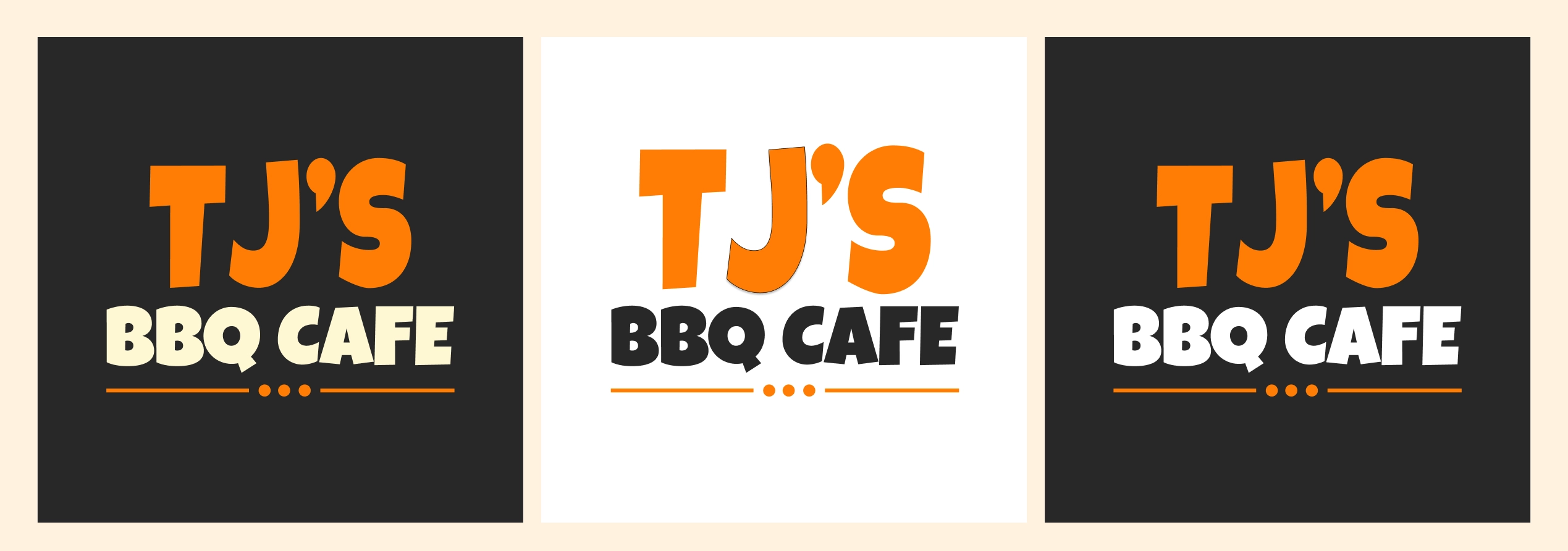 TJ's BBQ Cafe wordmark logo lockup shown on dark, white, and orange backgrounds