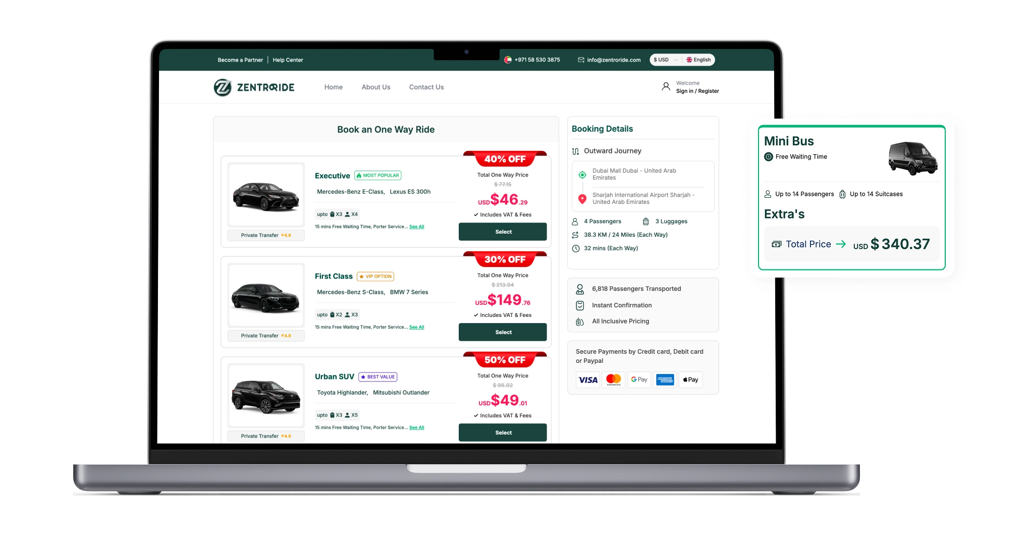 Vehicle selector showing Executive, First Class, Urban SUV, and Mini Bus options with seat and luggage capacity