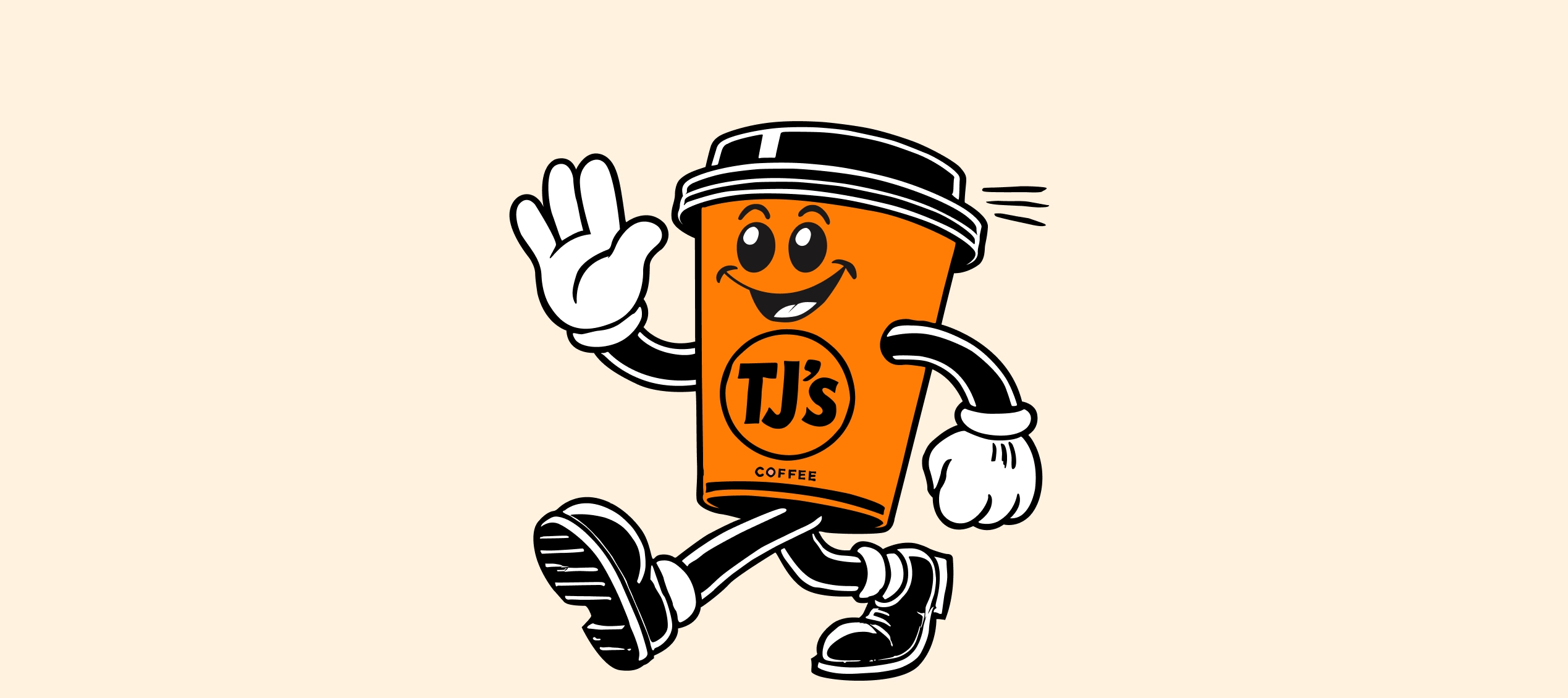 TJ's BBQ Cafe mascot — a waving, walking coffee cup character