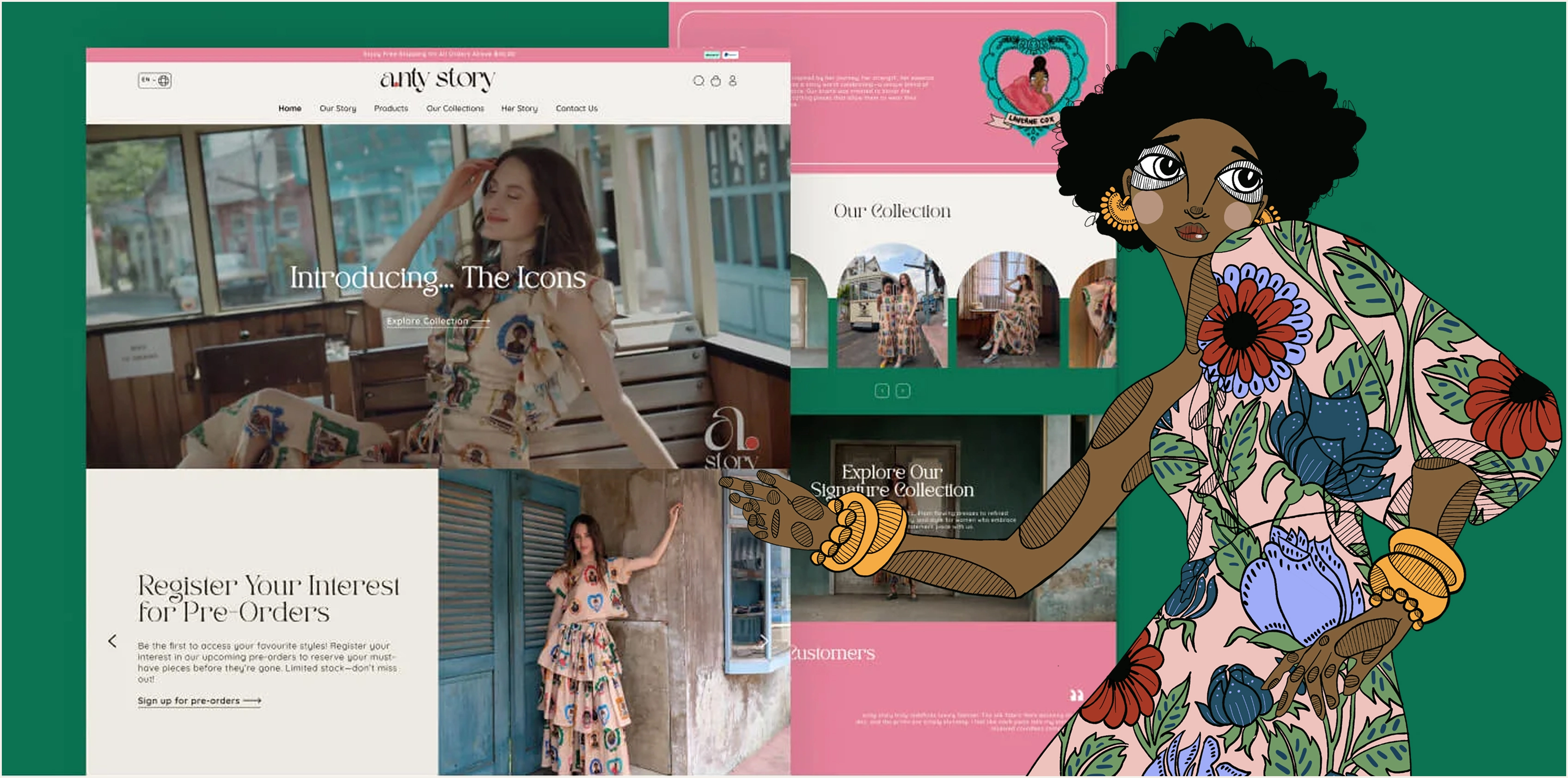 AntyStory ecommerce website screens alongside an illustrated brand character