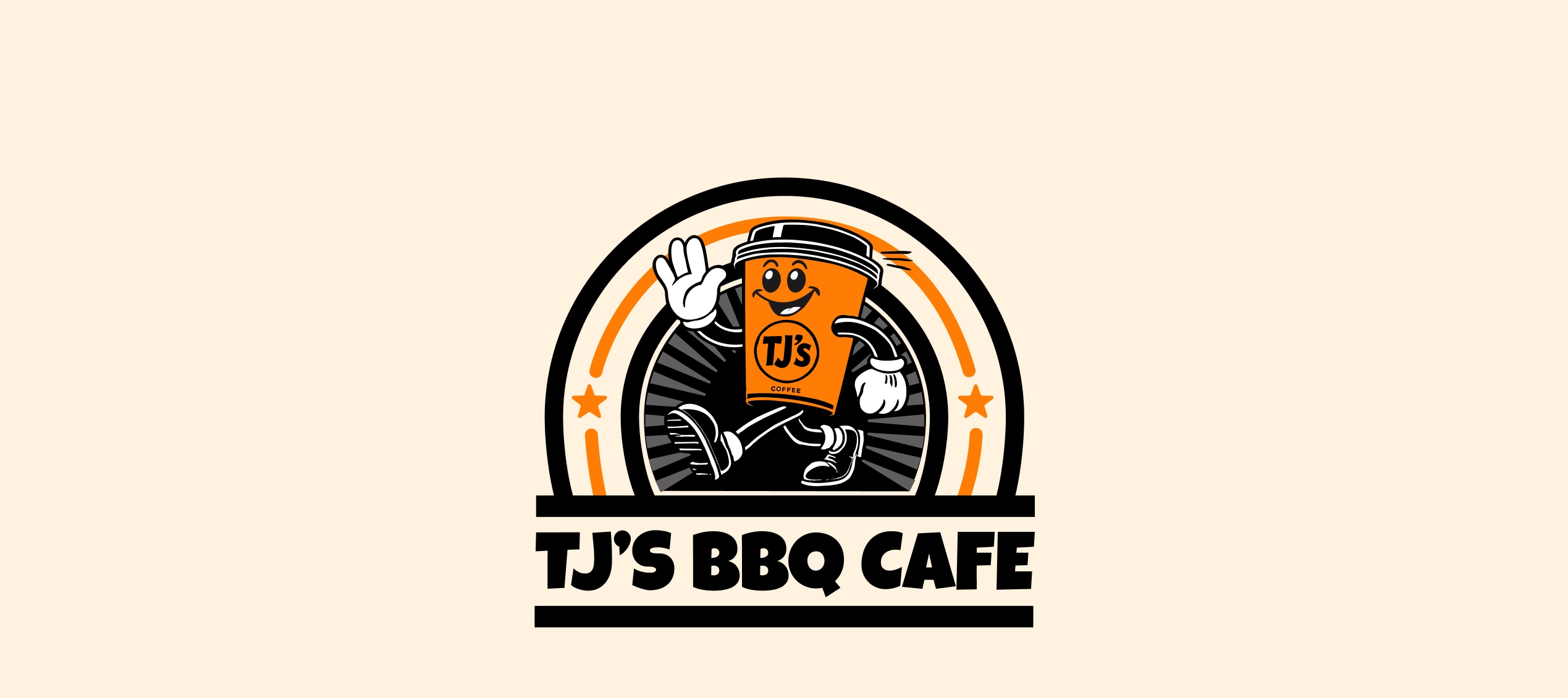 TJ's BBQ Cafe primary badge logo with the mascot character and wordmark