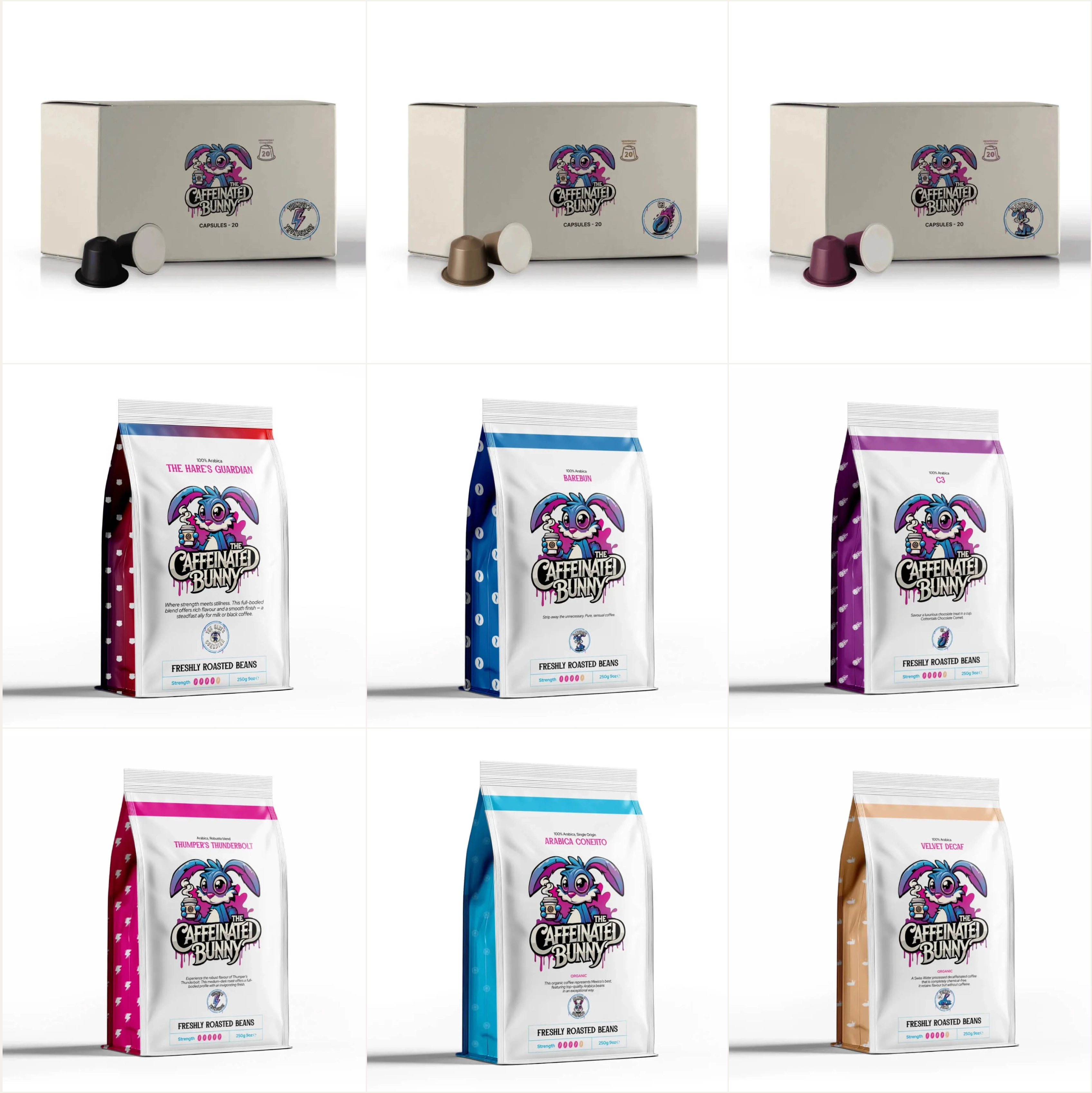 Caffeinated Bunny capsule boxes and coffee bag packaging in brand colors