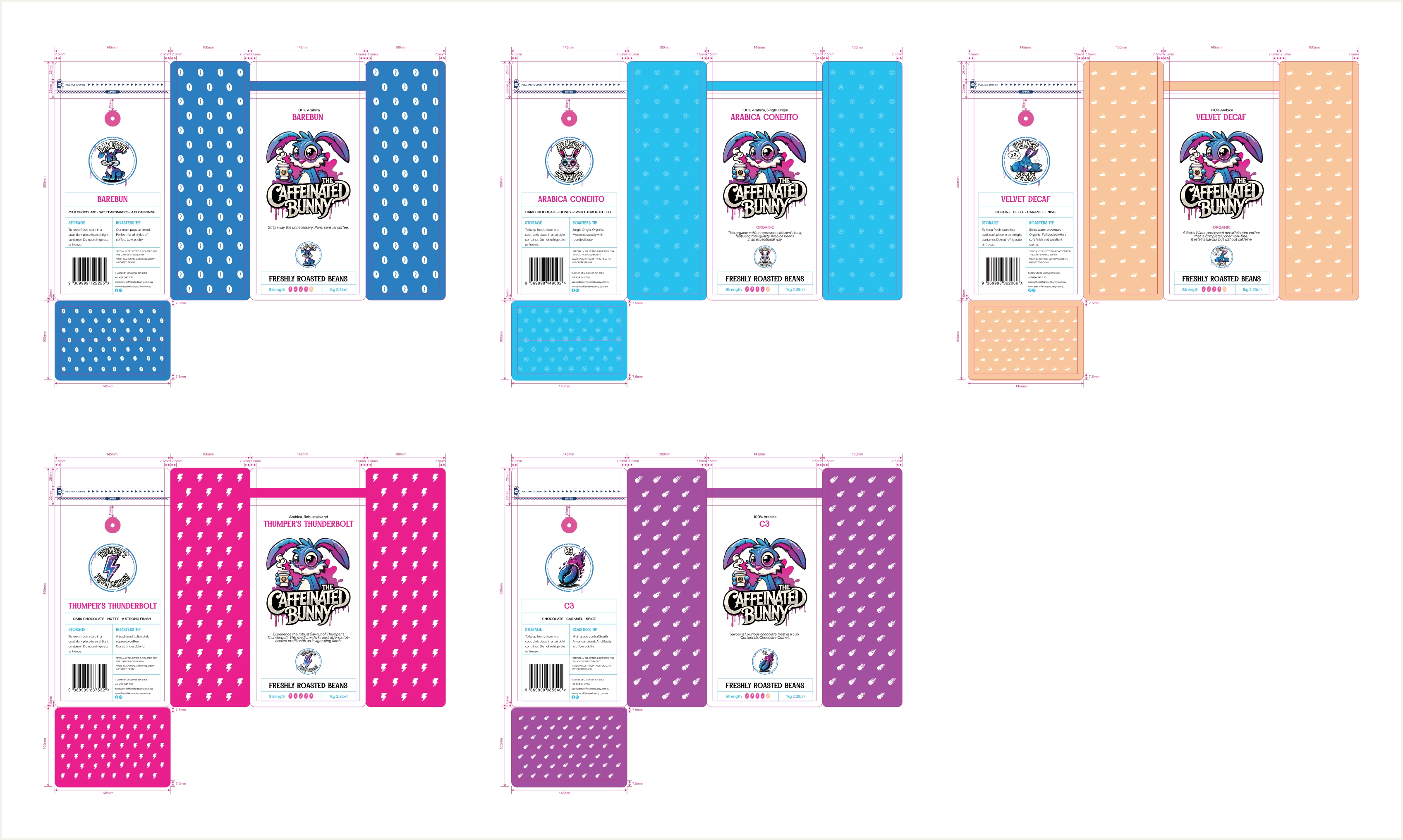 Caffeinated Bunny flat packaging dielines for five coffee bag variants