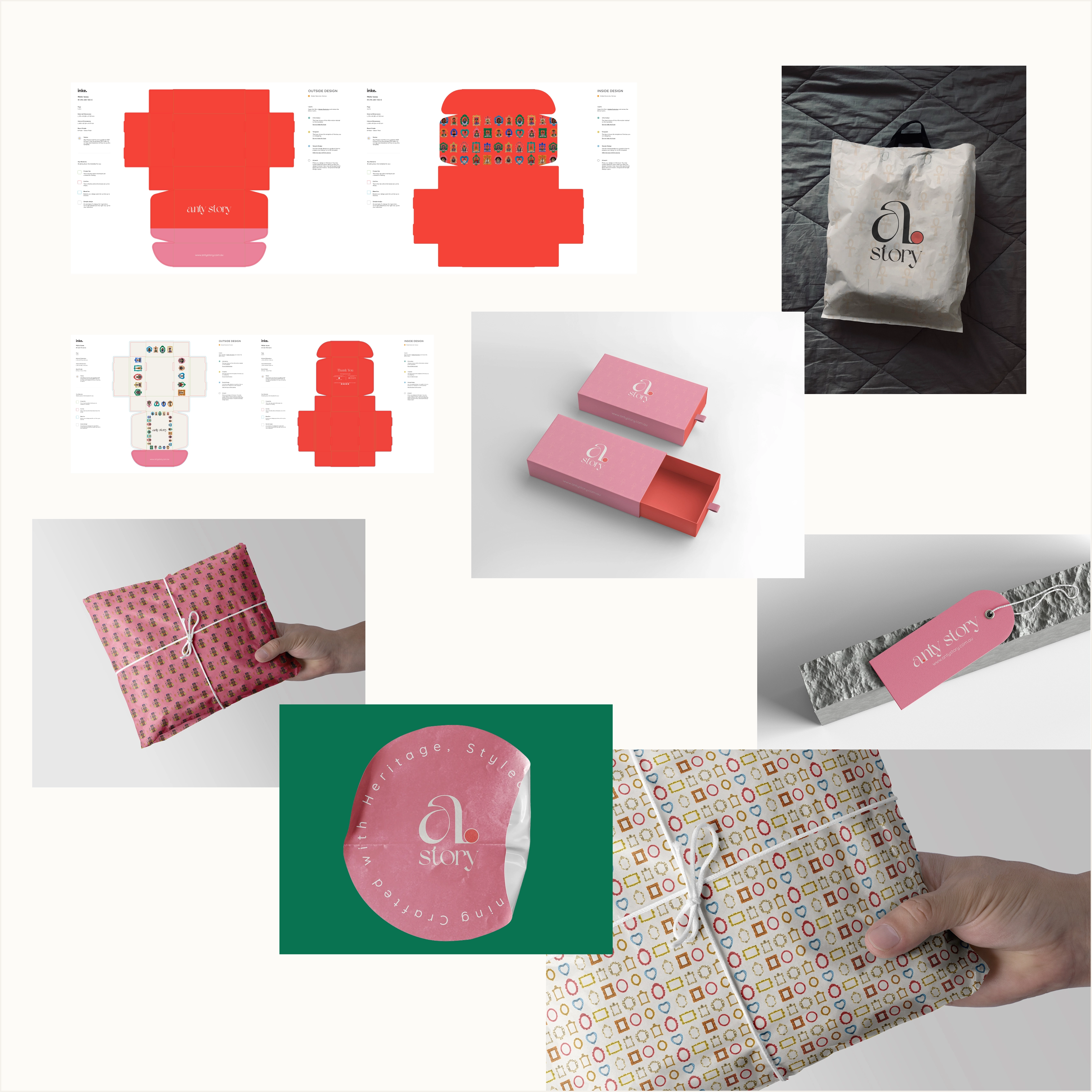 AntyStory print-ready packaging, boxes, tags, tote bag, and gift wrap designs