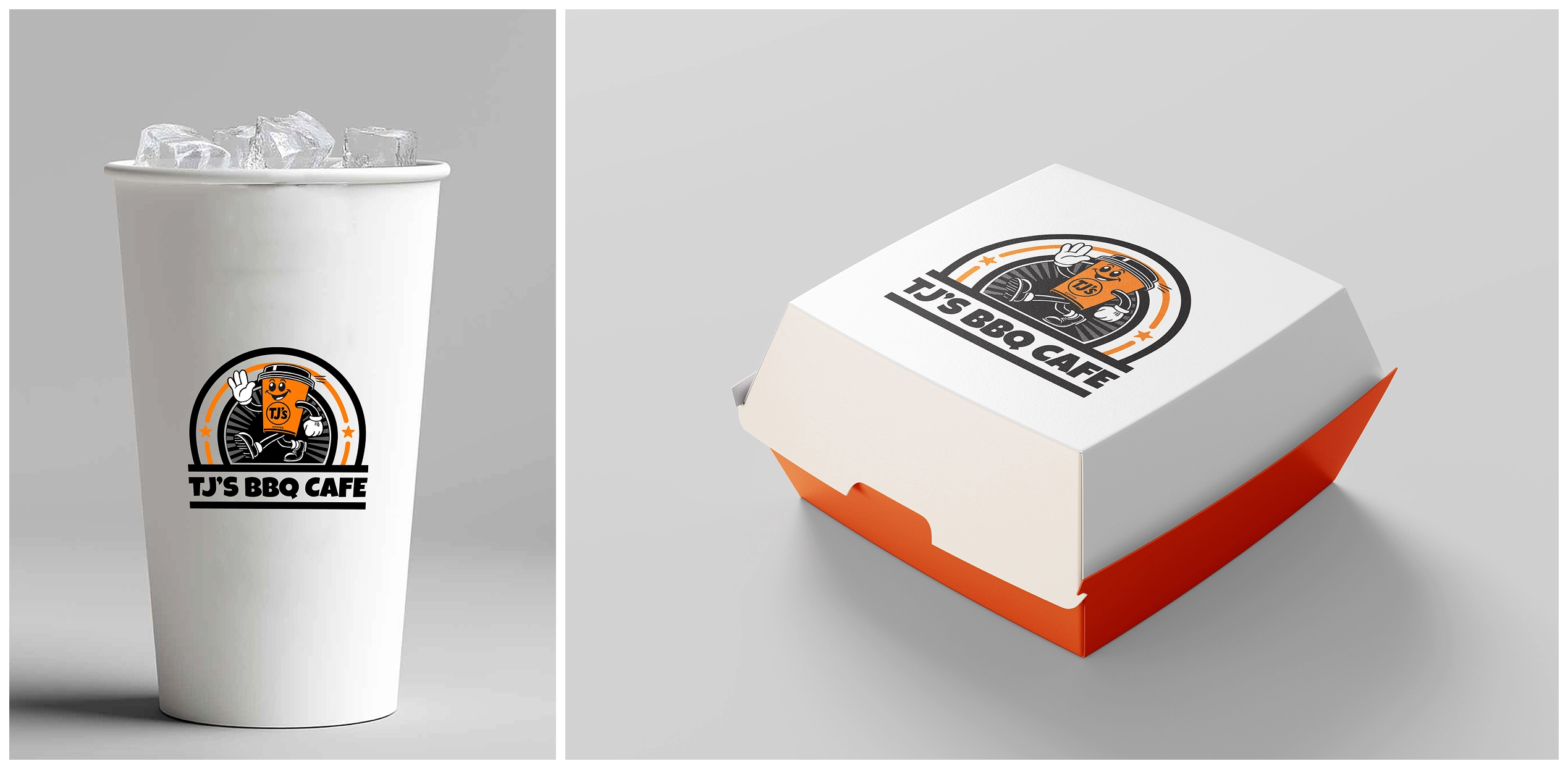 TJ's BBQ Cafe branded cold cup and burger box mockups