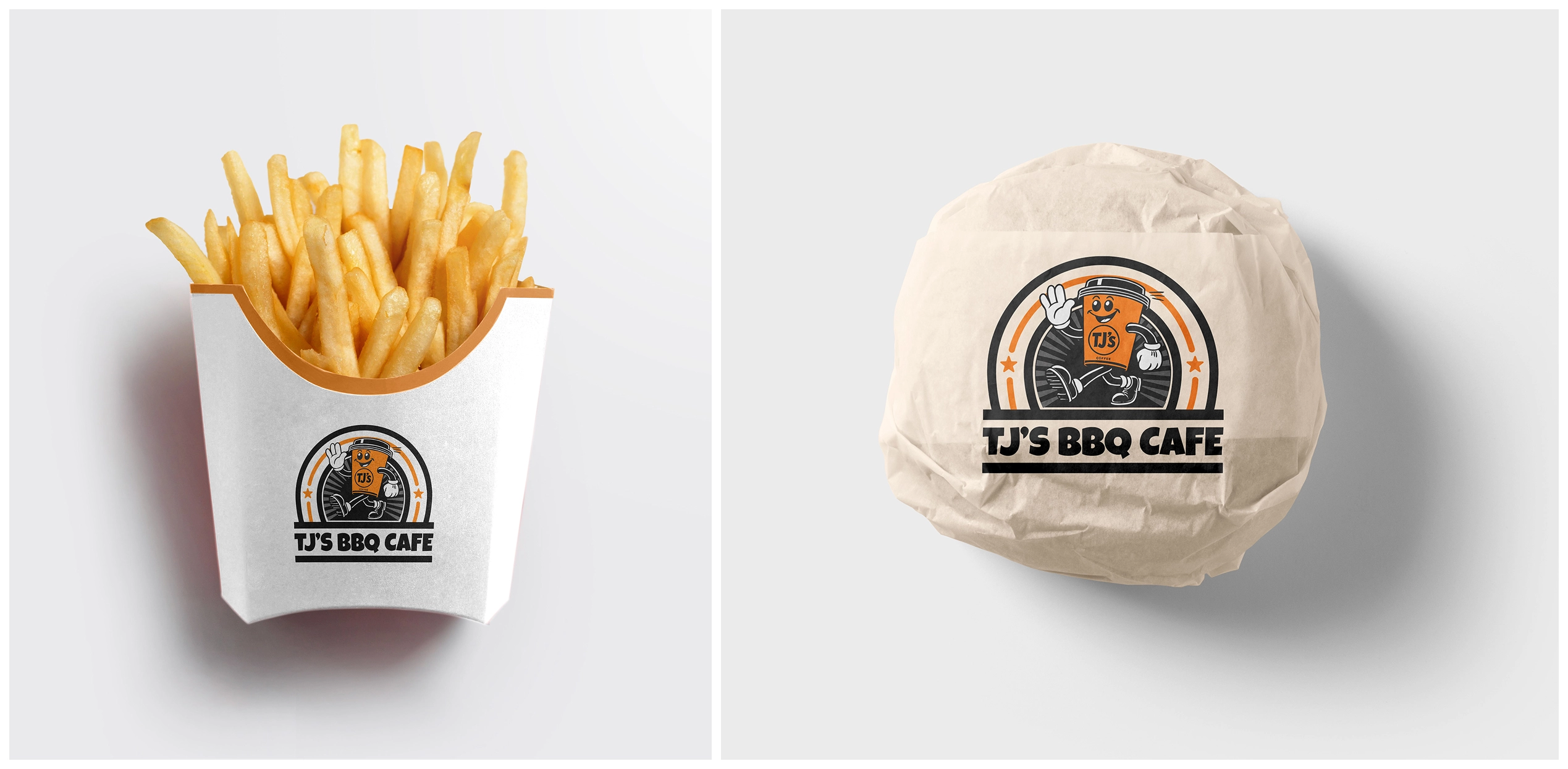 TJ's BBQ Cafe branded fries packaging and wrapped burger mockups
