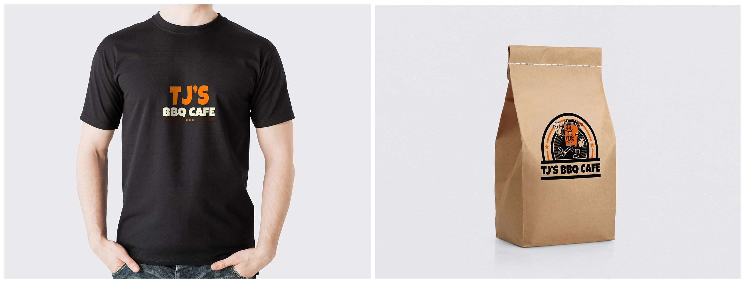 TJ's BBQ Cafe branded t-shirt and kraft coffee bag mockups