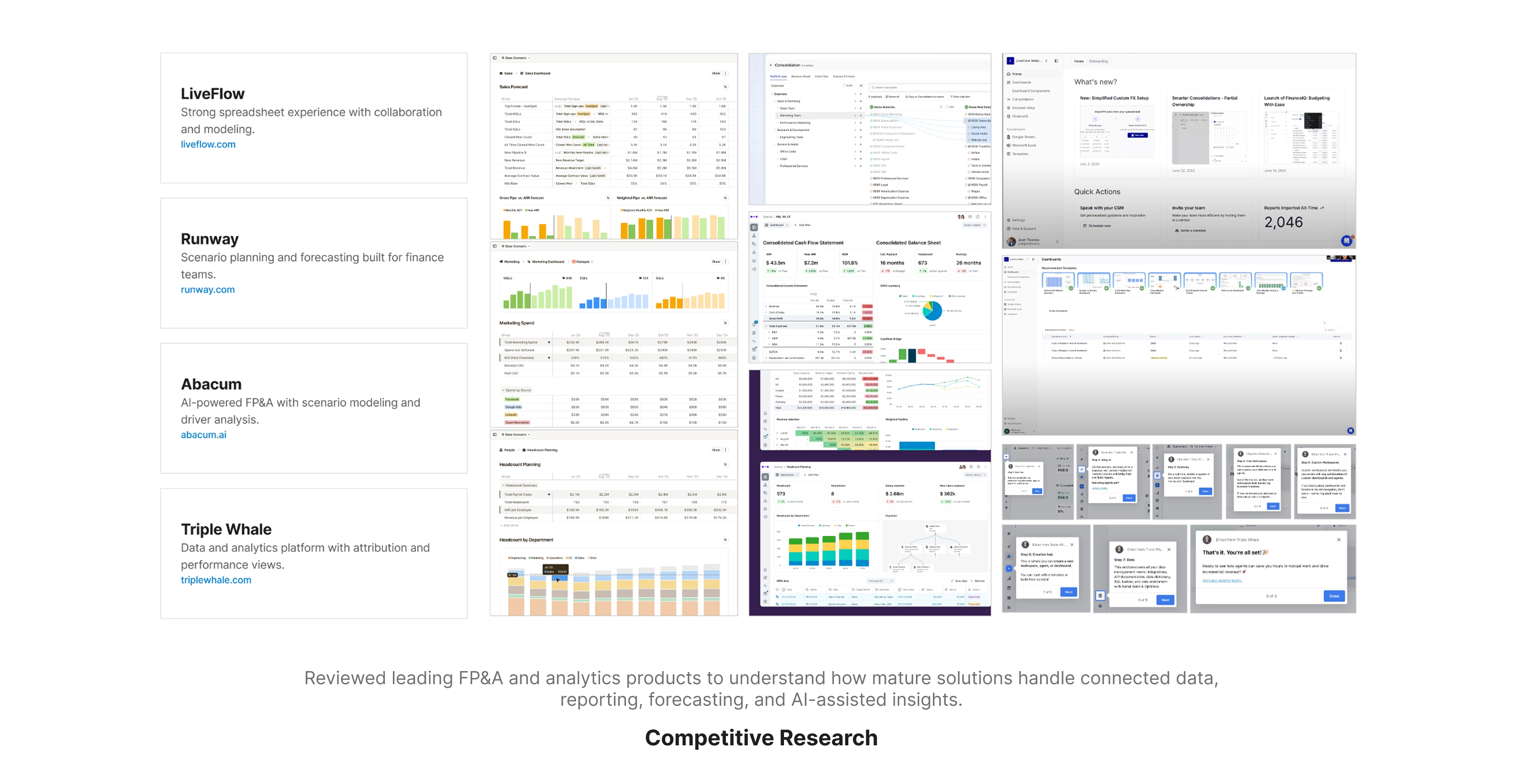 Competitive research reviewing Triple Whale, LiveFlow, Abacum and Runway