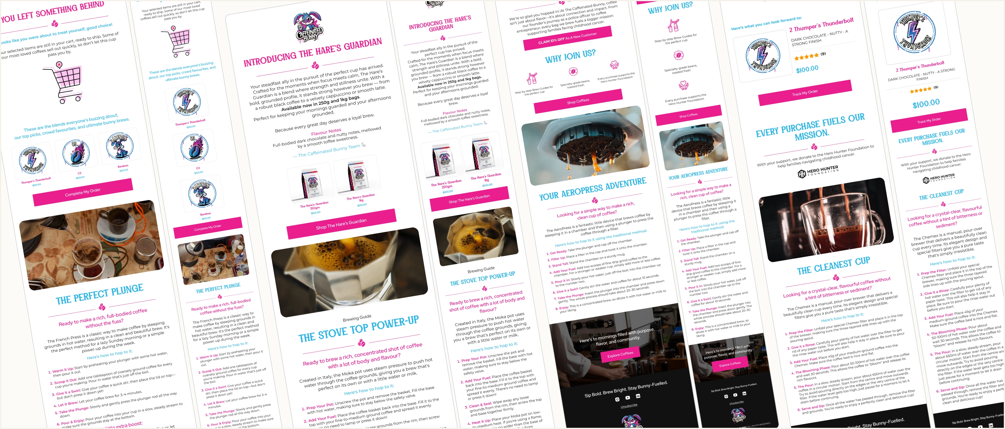 Caffeinated Bunny promotional and brewing-guide email designs