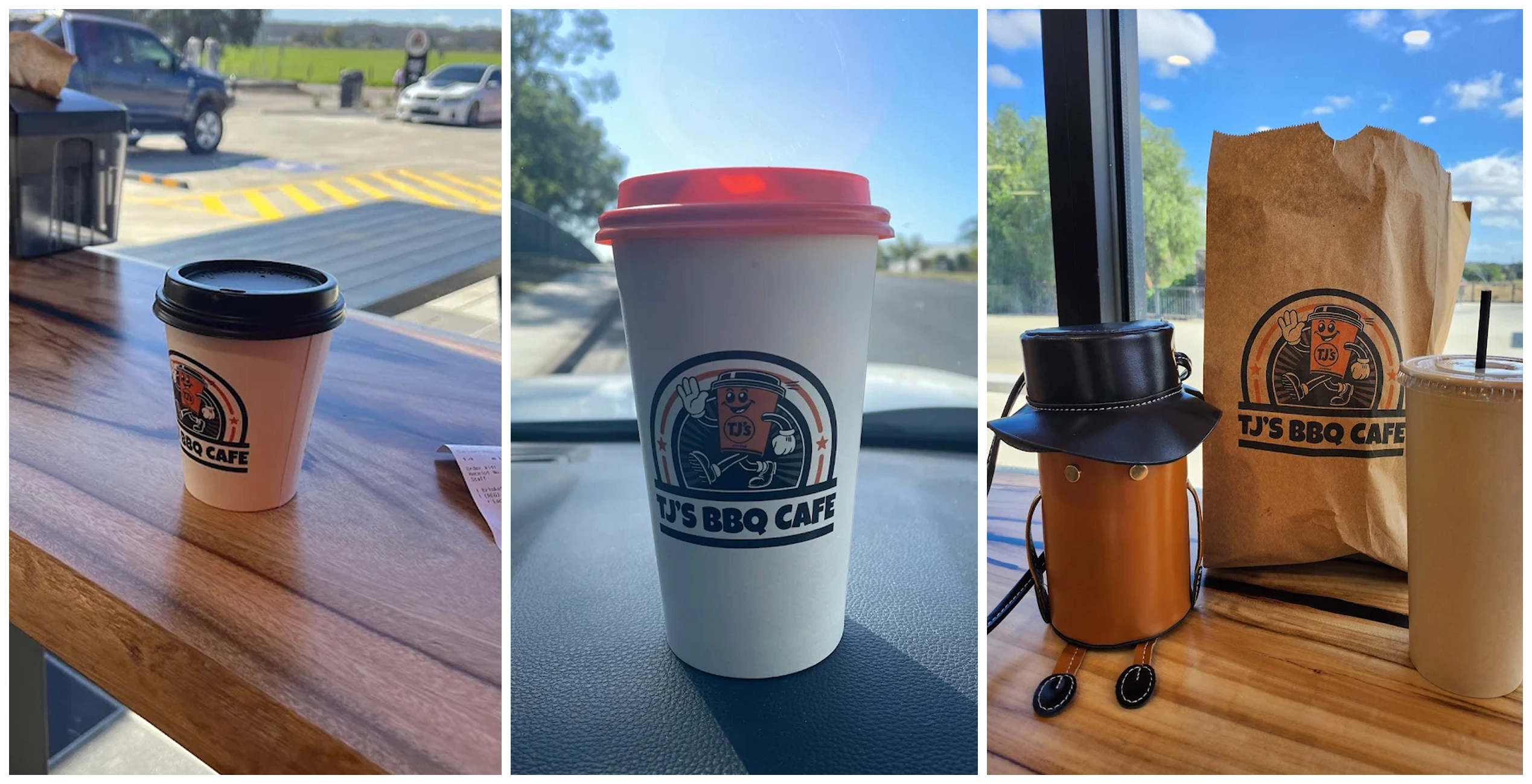TJ's BBQ Cafe branded coffee cups and takeaway bag photographed in everyday use
