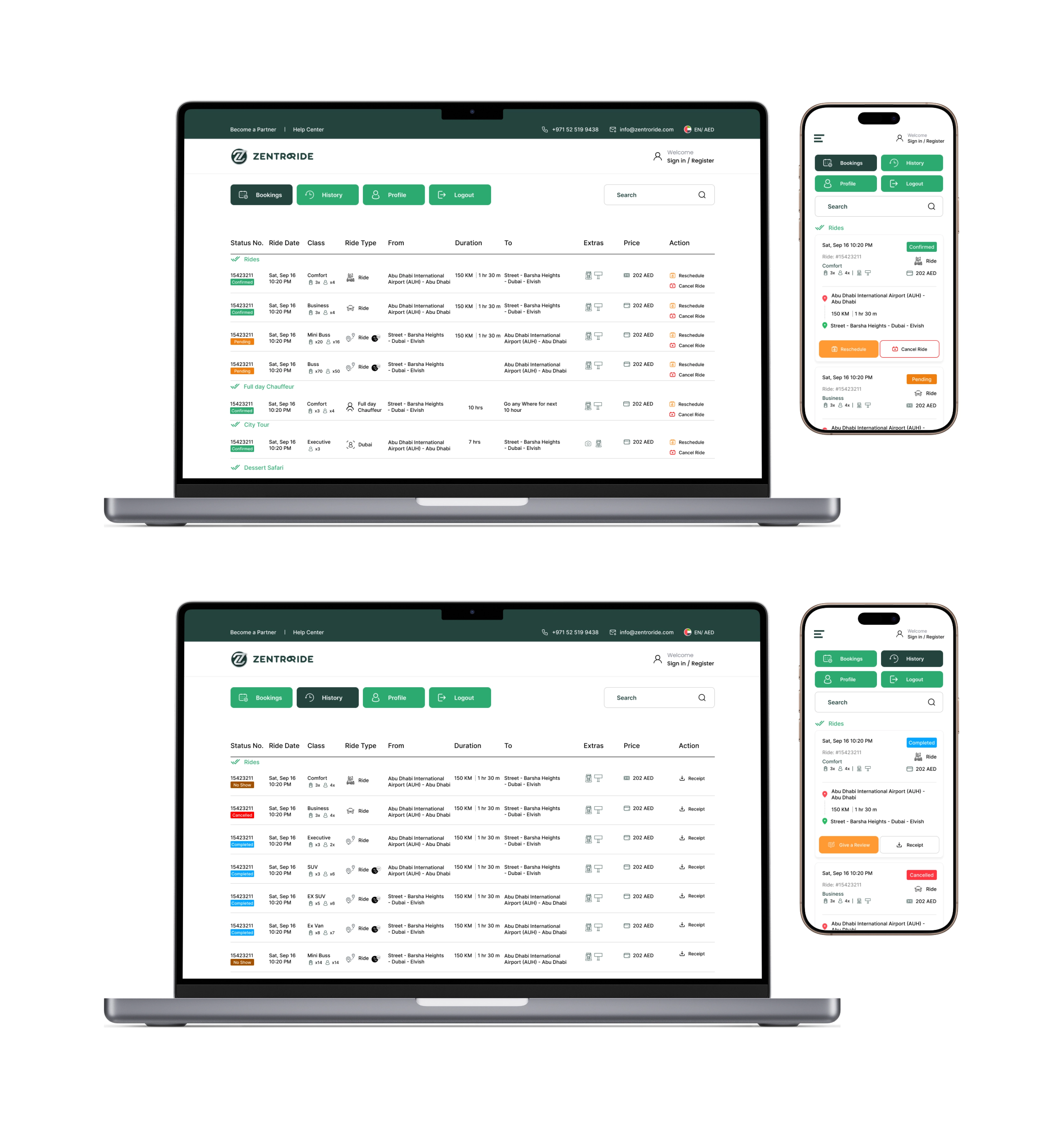 Rider dashboard showing bookings and ride history on desktop and mobile