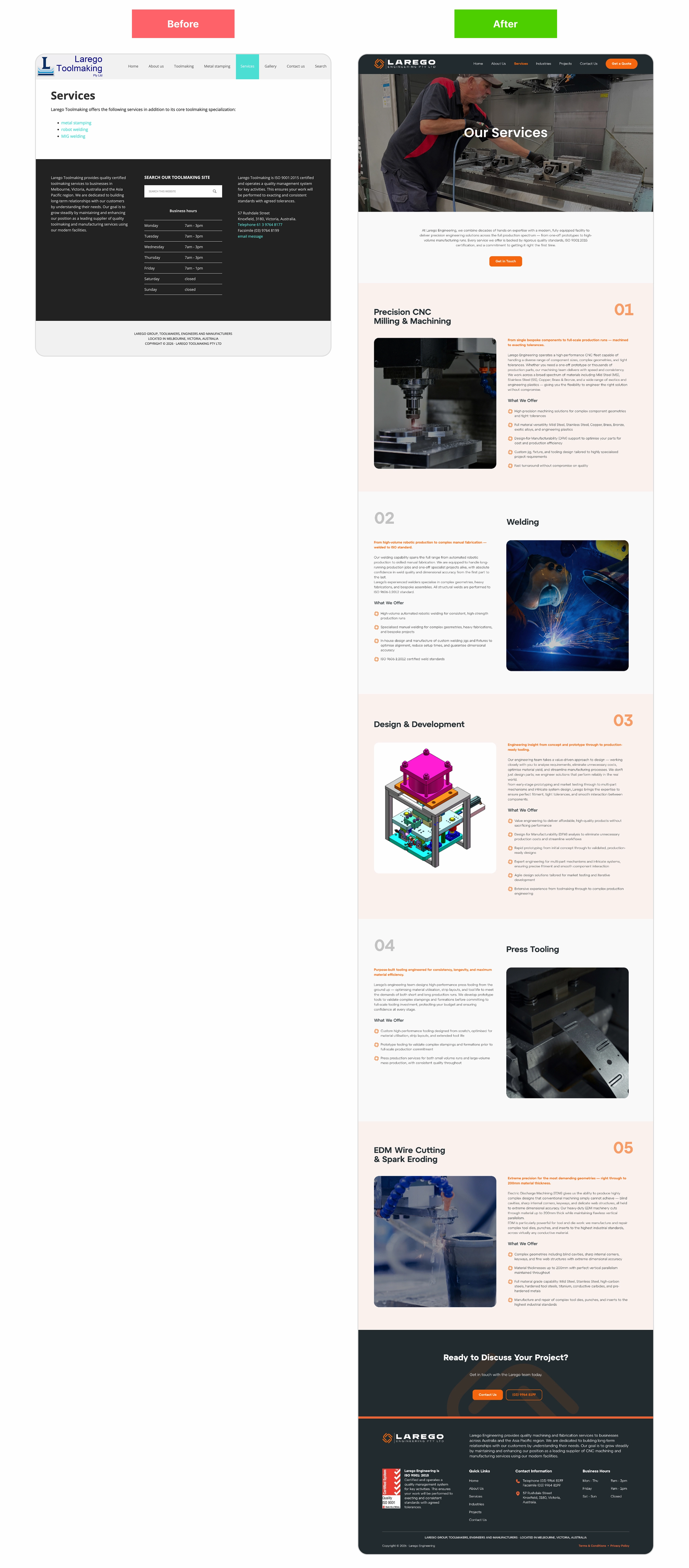 Before and after comparison of the Larego Services page, from a short bulleted list to five detailed, numbered service sections with imagery