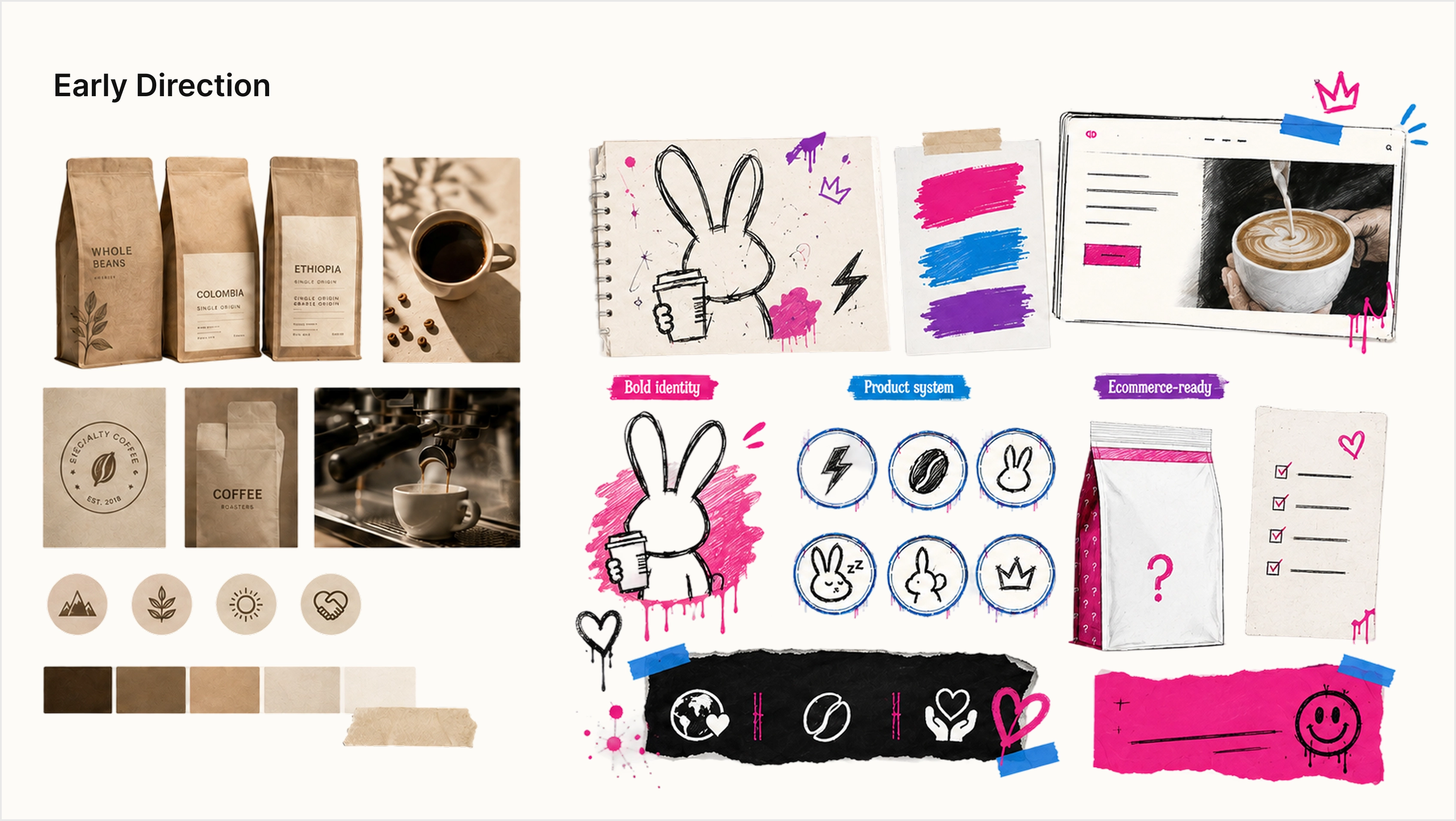 Early direction moodboard with kraft coffee bags and rough sketches for bold identity, product system, and ecommerce-ready website