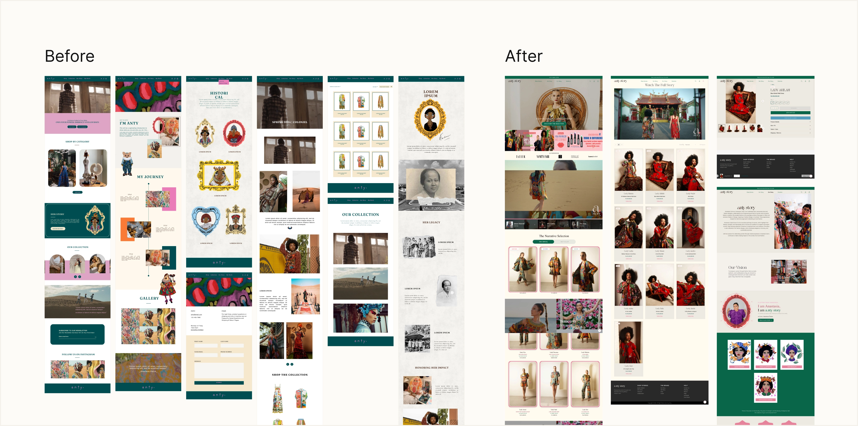 Before and after comparison of the AntyStory website design