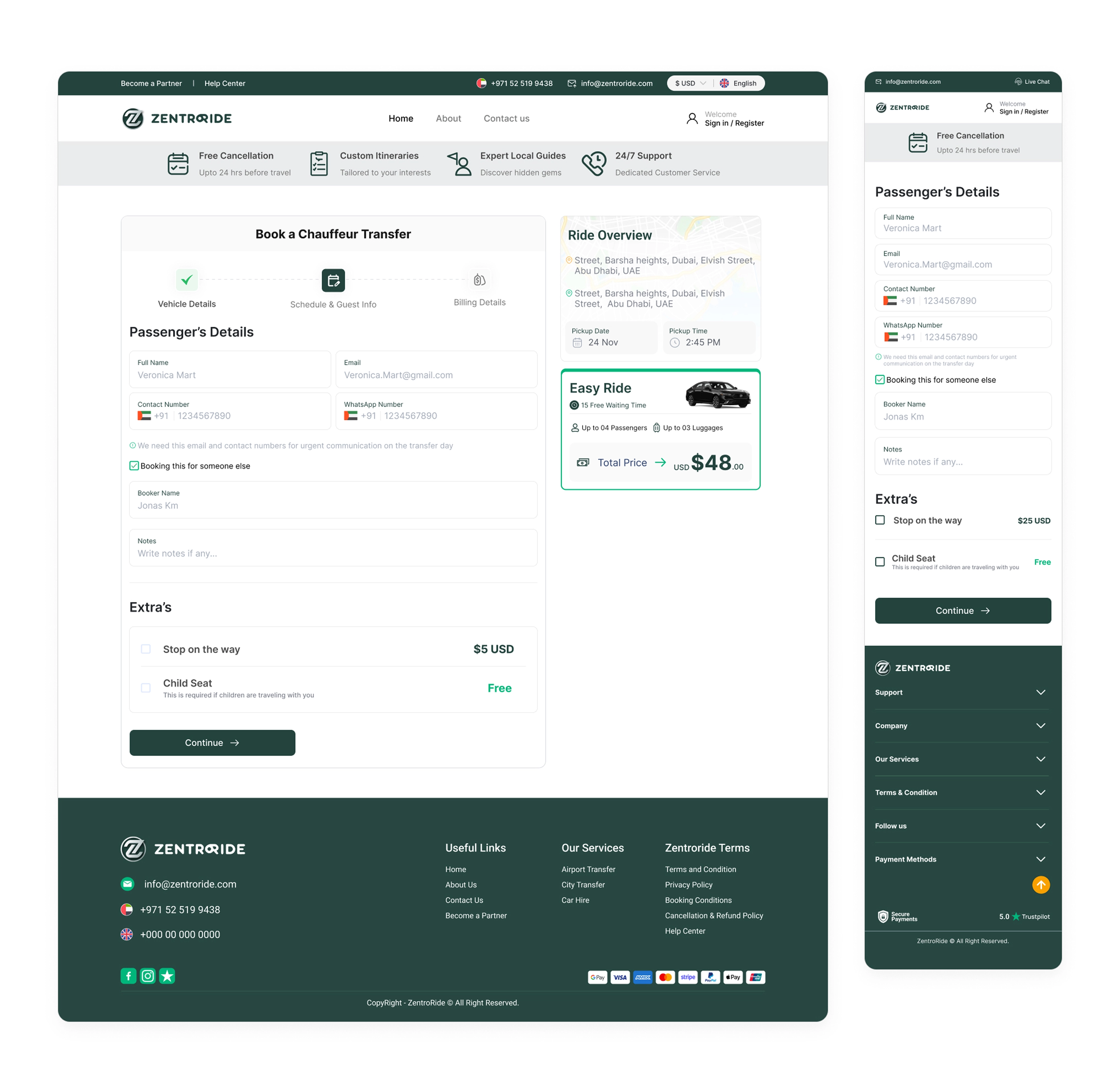 Booking form separating booker contact details from passenger details