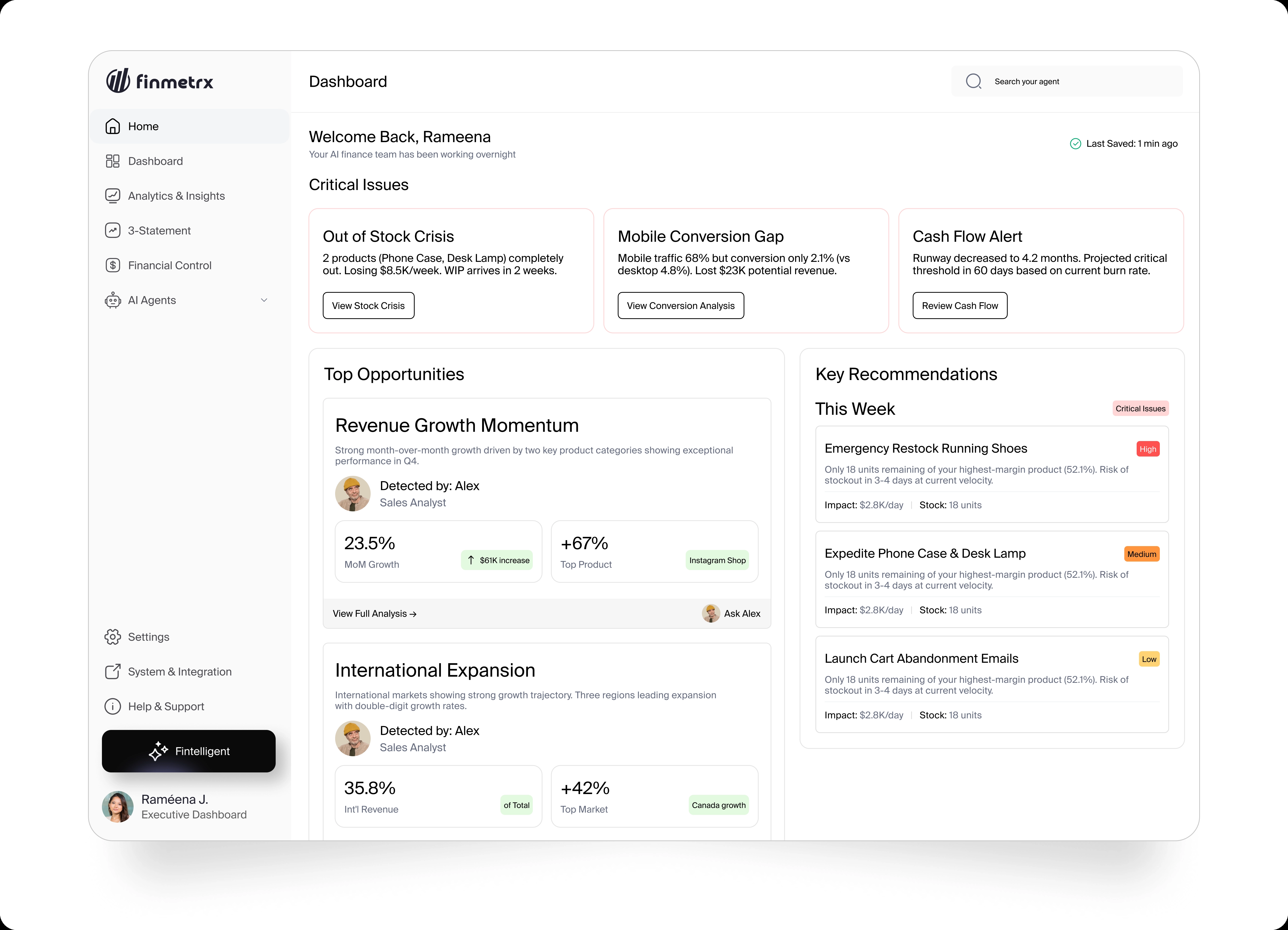 The home screen surfacing integrations, dashboards, AI agents and recommendations from the user's AI finance team