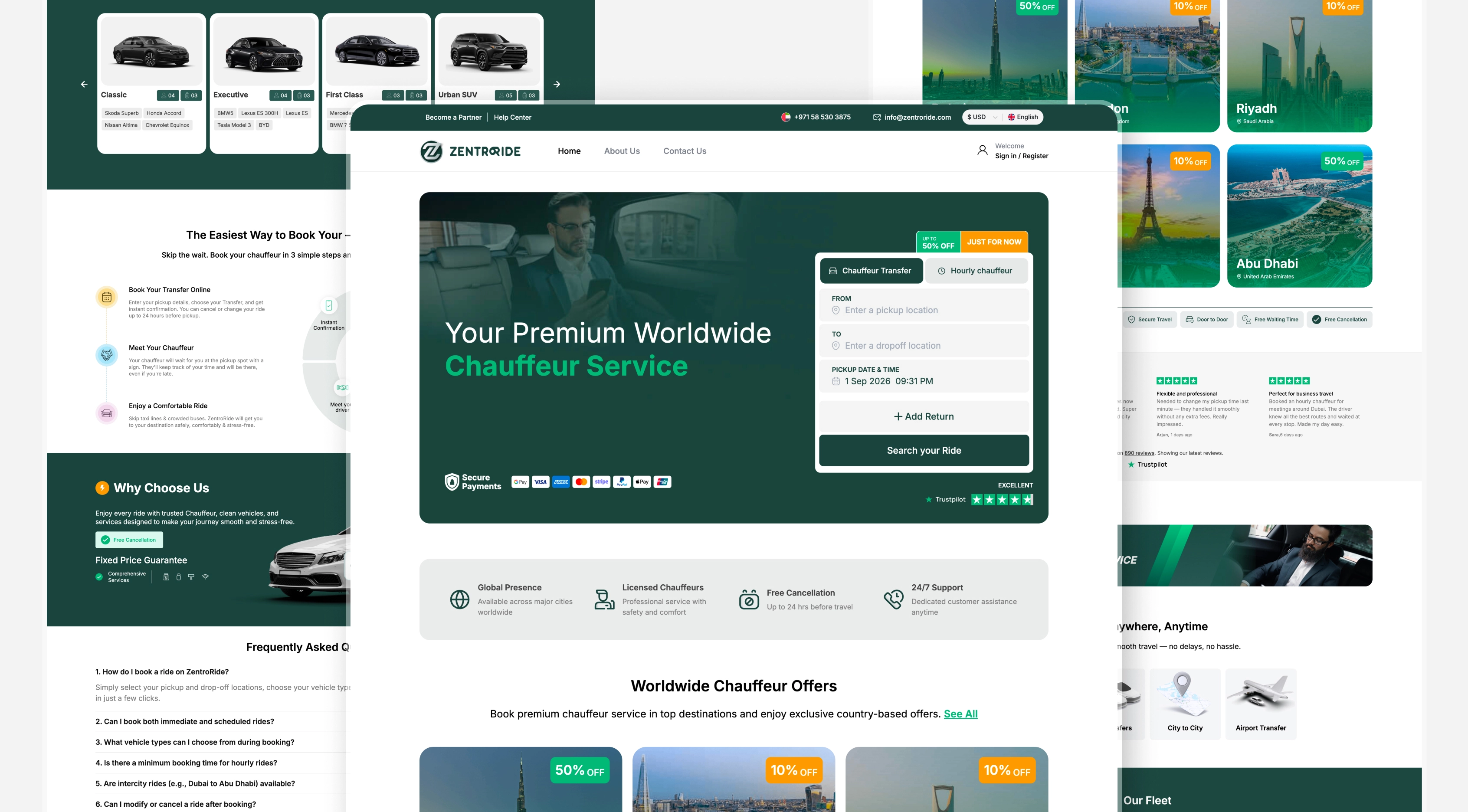 ZentroRide public website and mobile app screens
