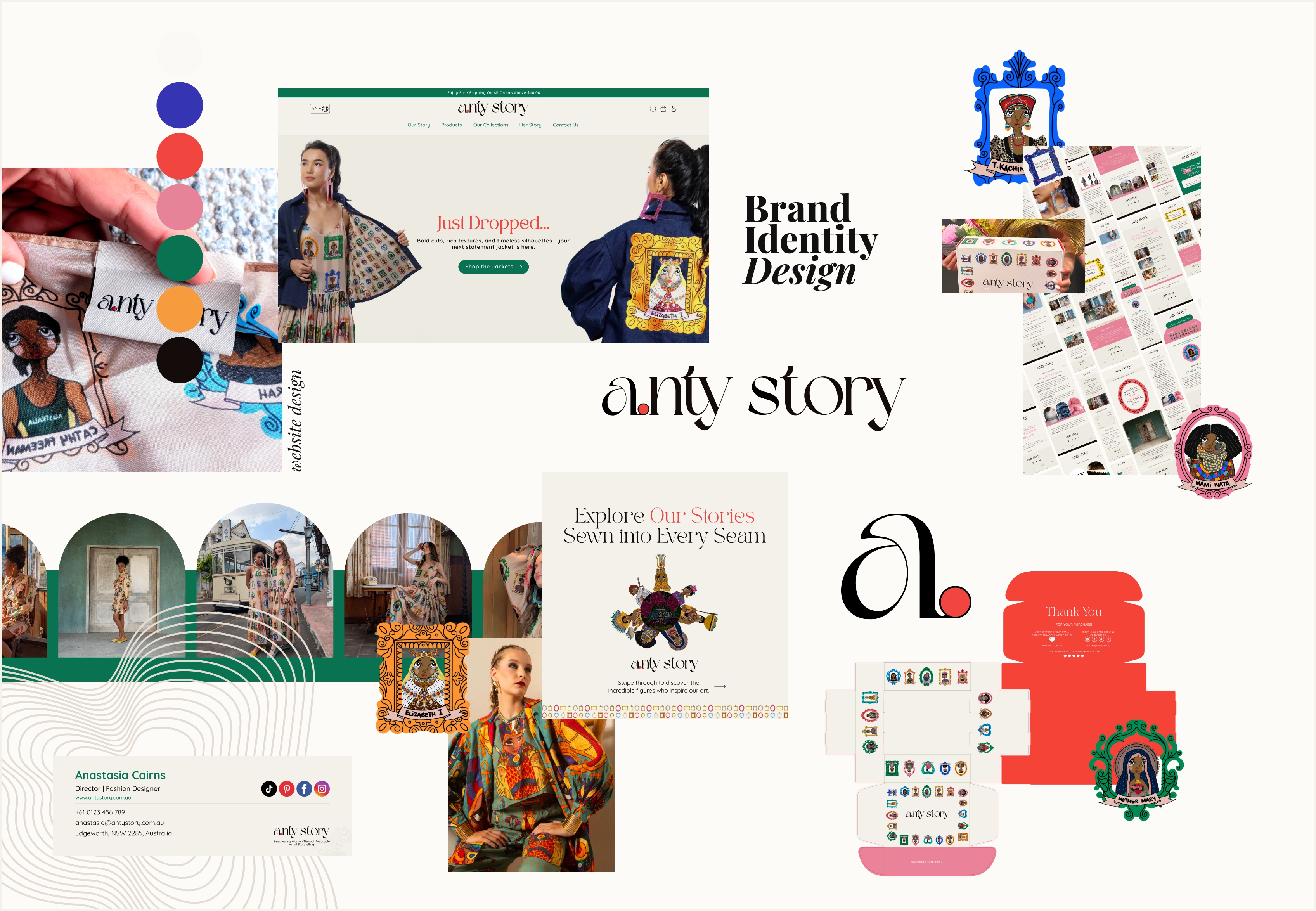 AntyStory brand moodboard with color palette, website screens, wordmark, and campaign photography