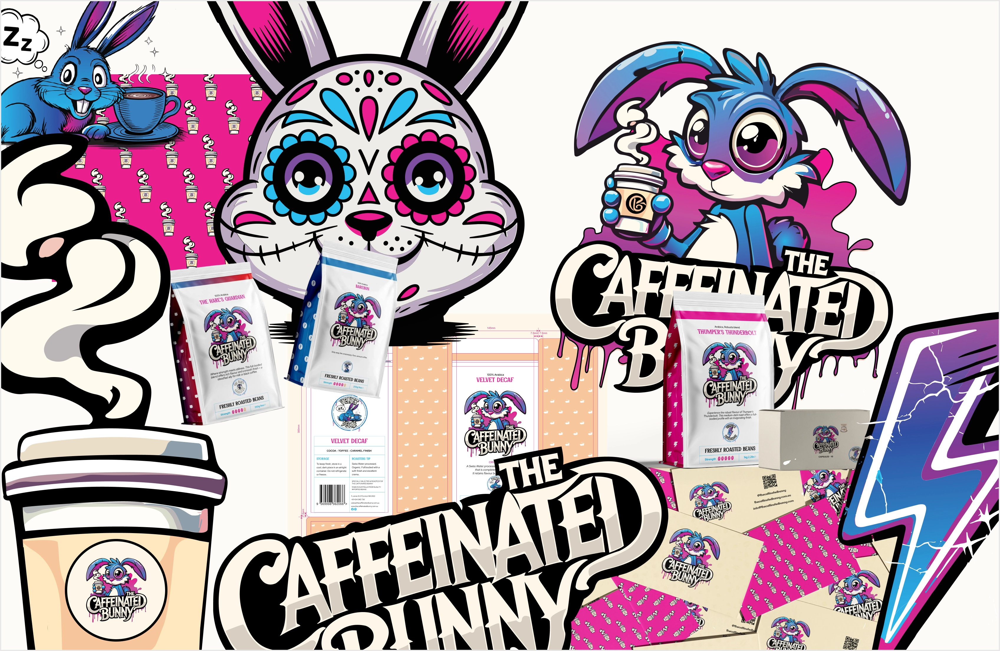 Caffeinated Bunny mascot, product packaging, and logo moodboard