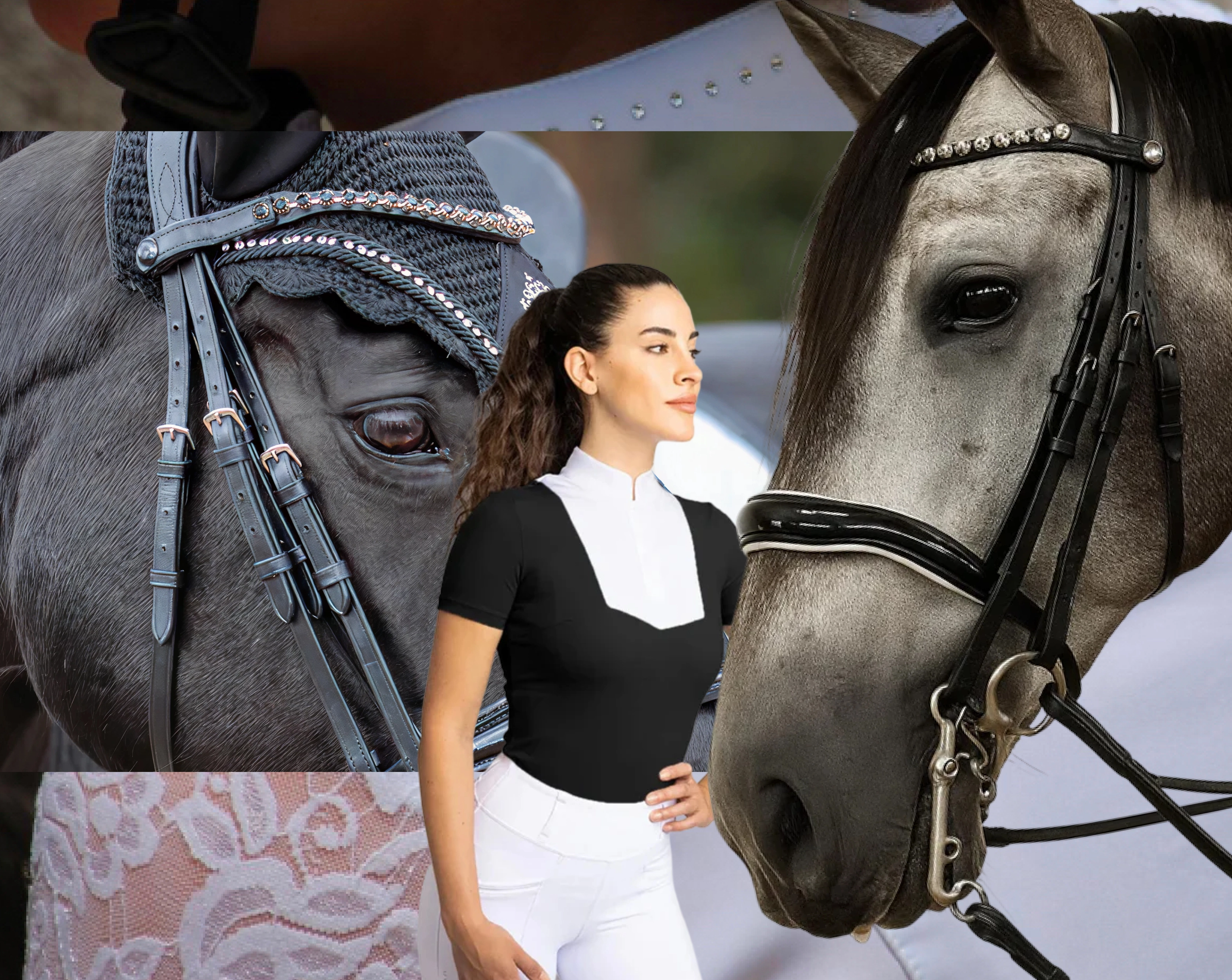 Collage of dressage horse portraits, a rider in competition attire, and lace fabric detail