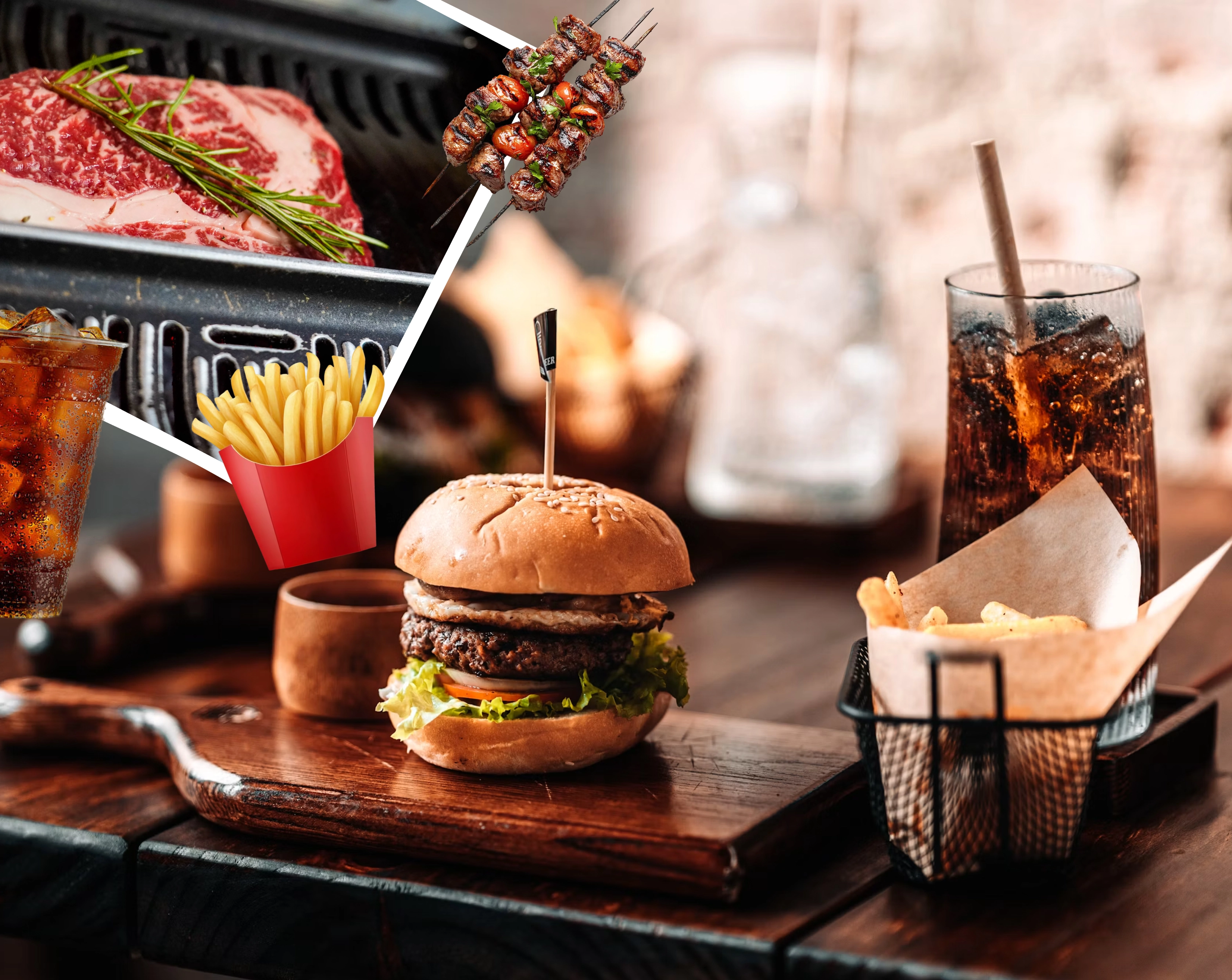 Collage of BBQ dishes — steak, skewers, burger, fries, and drinks