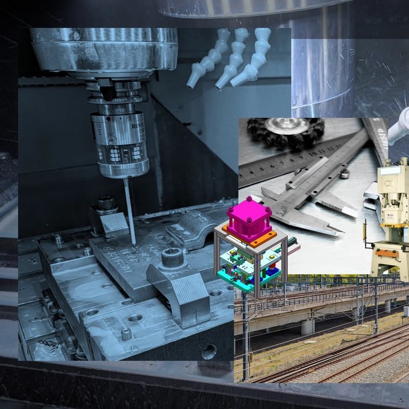 Close-up collage of CNC machining, precision tooling, and press equipment for Larego Engineering