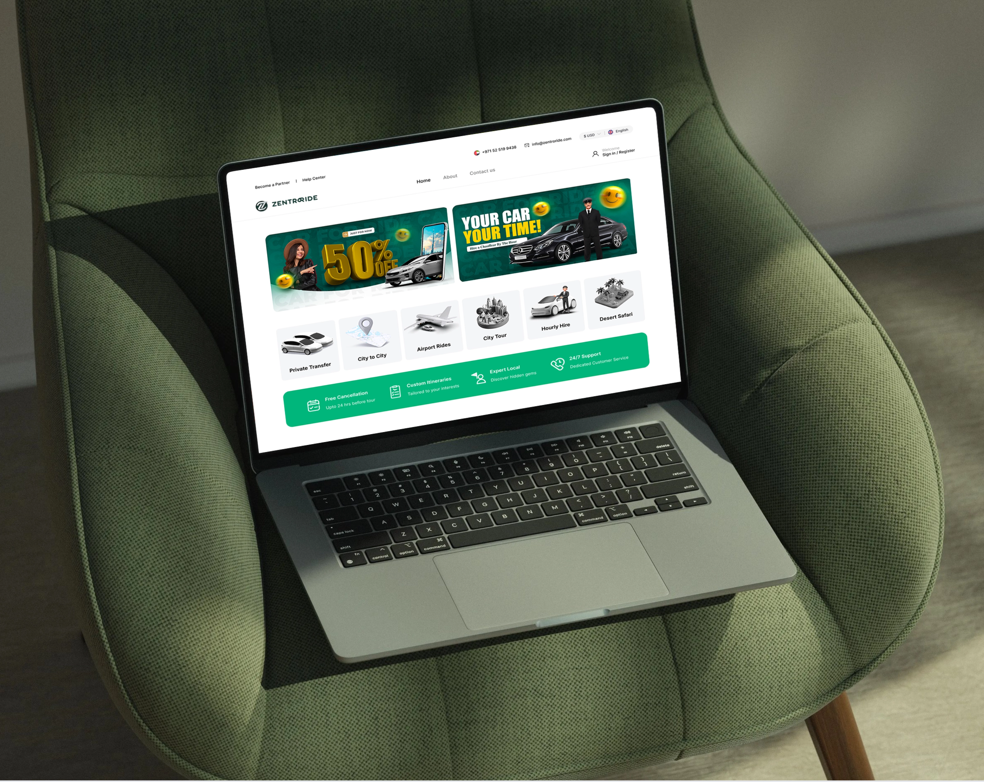 ZentroRide chauffeur booking site shown on a laptop