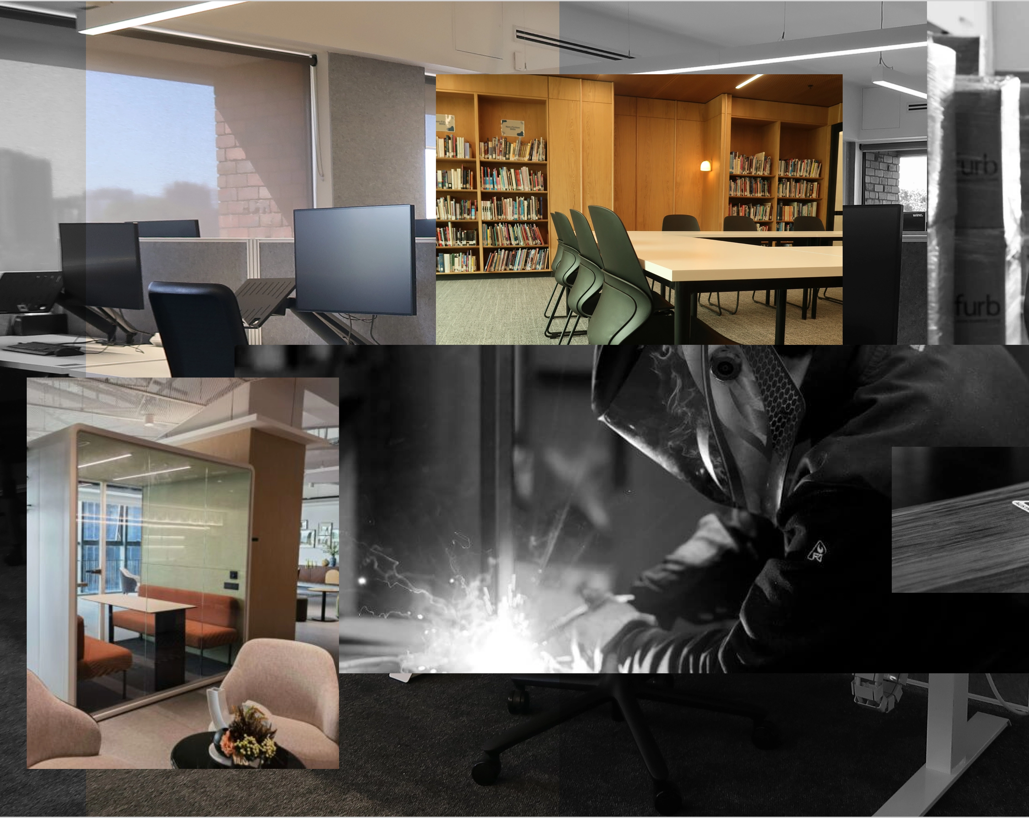 Collage of Watson Commercial workspace fitouts — office desks, library, meeting pod, and steel fabrication
