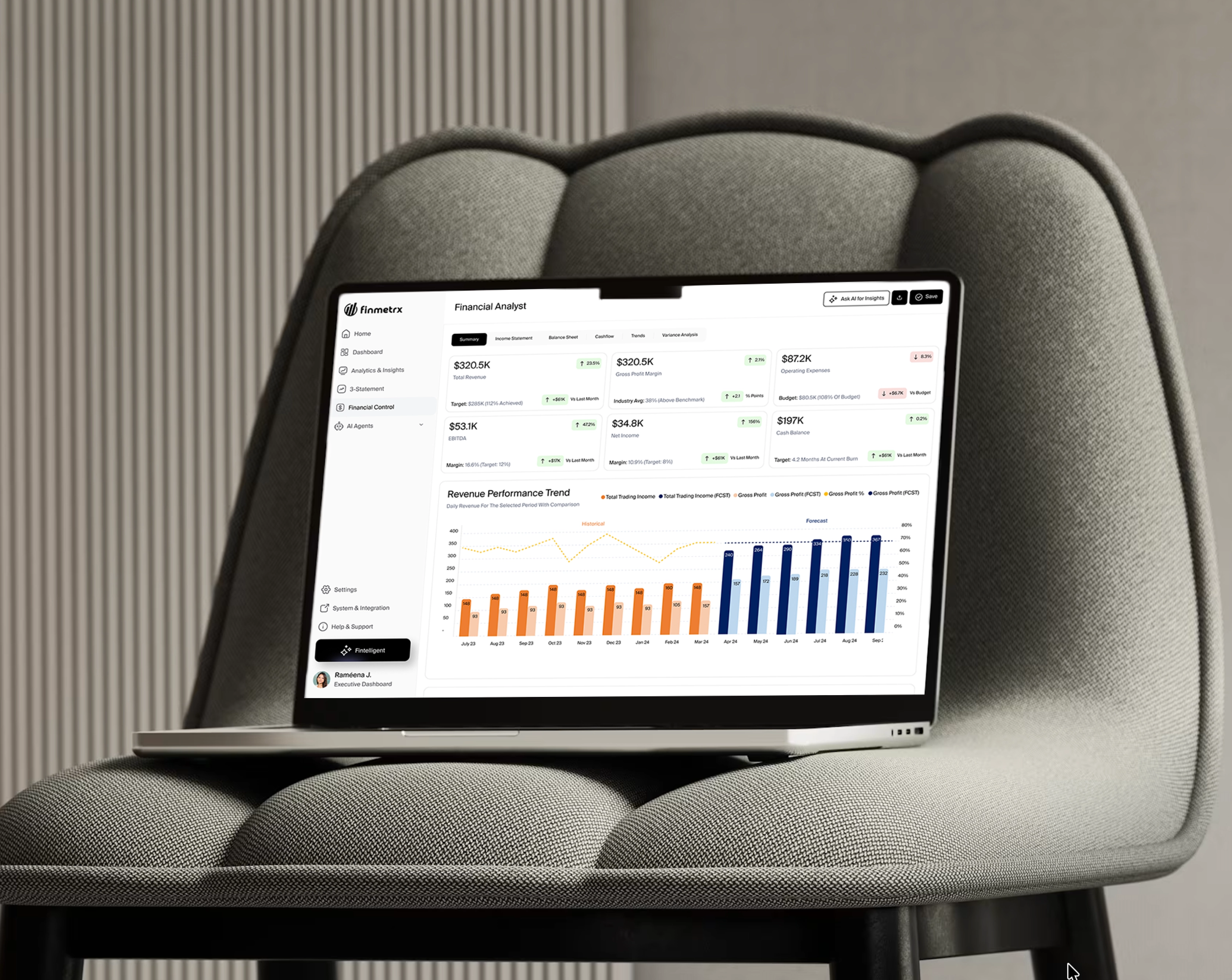 Financial intelligence platform dashboard shown on a laptop