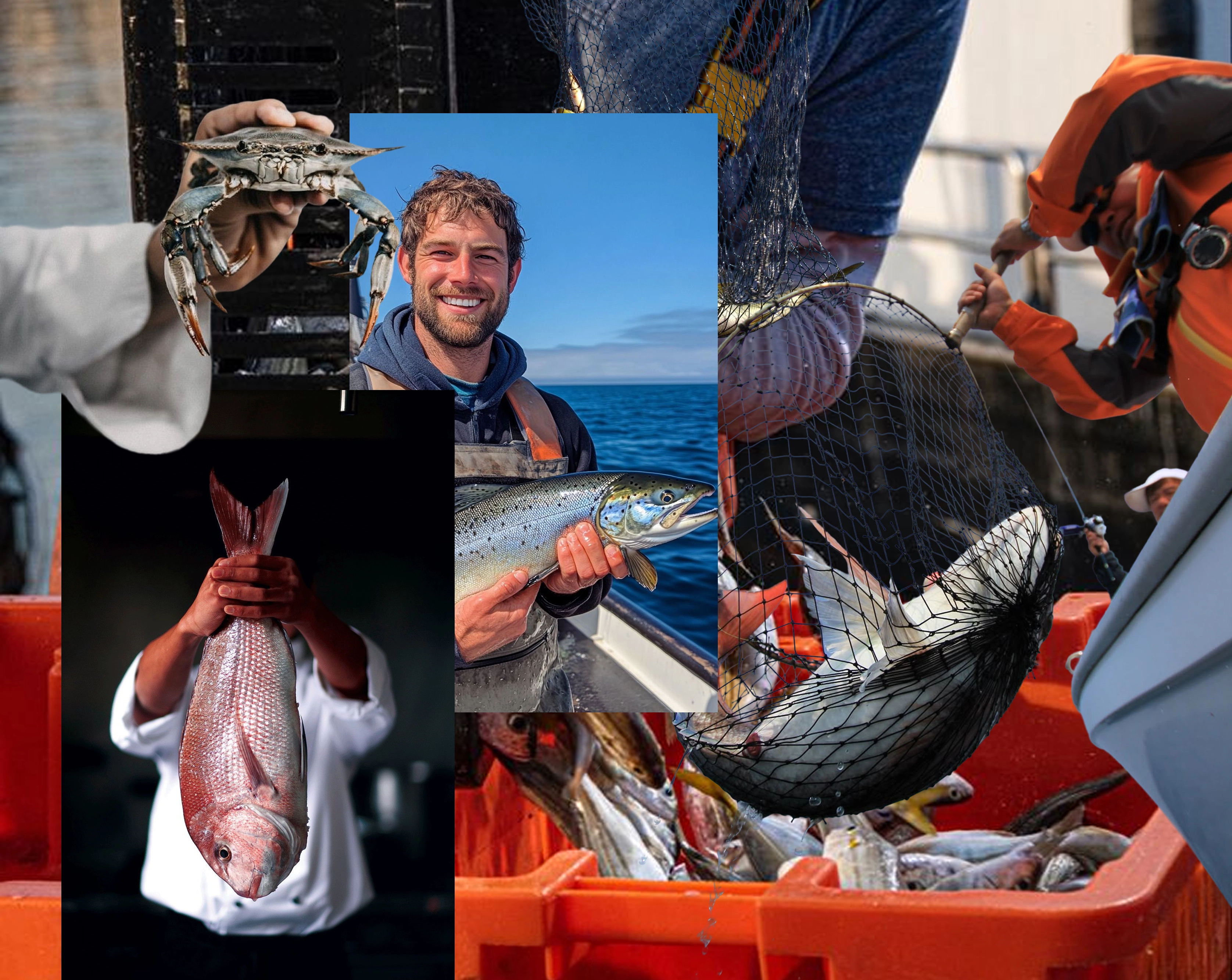 Collage of fresh seafood catch — crab, salmon, red snapper, and a crate of fish