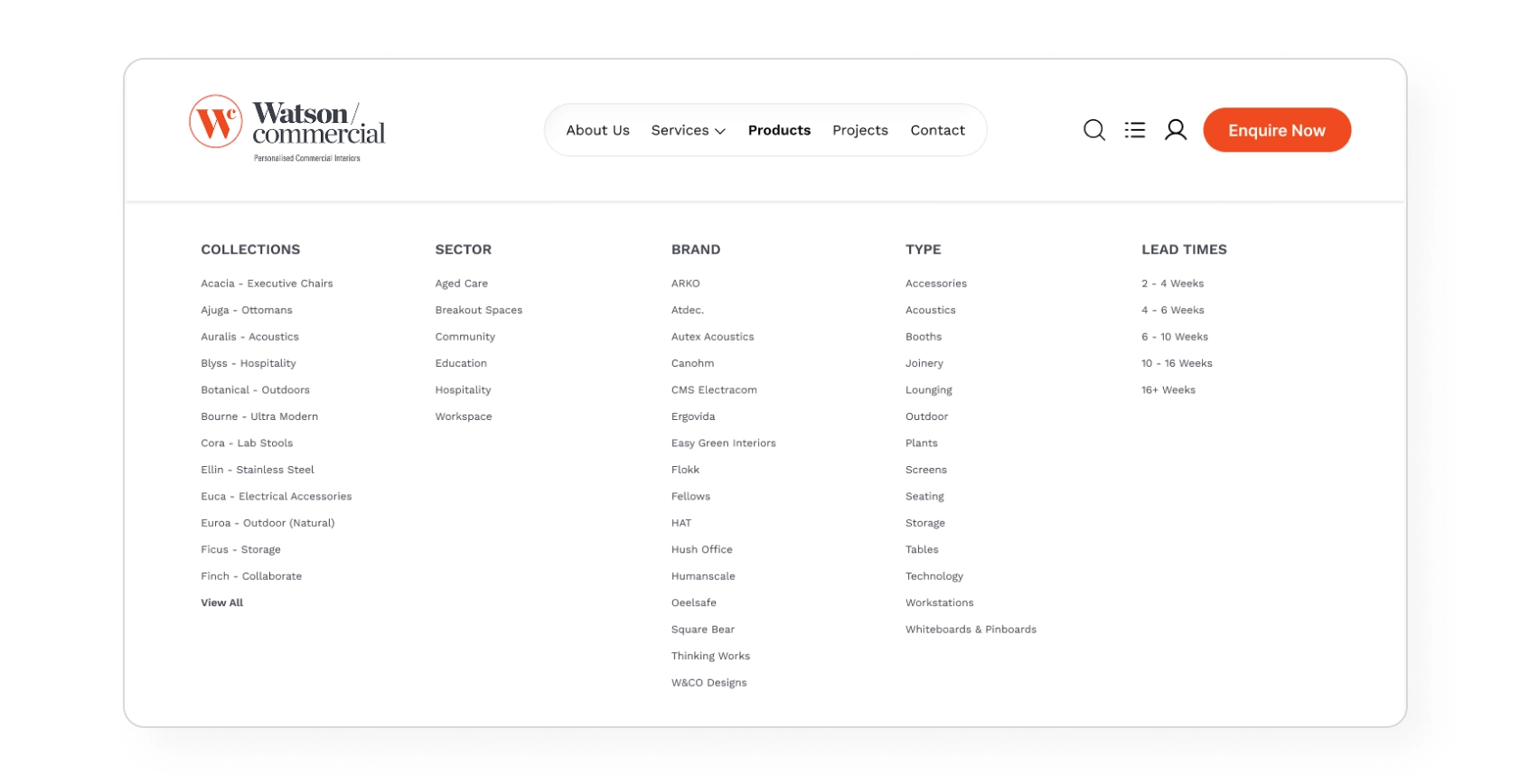 Watson Commercial mega-menu showing Collections, Sector, Brand, Type, and Lead Times columns